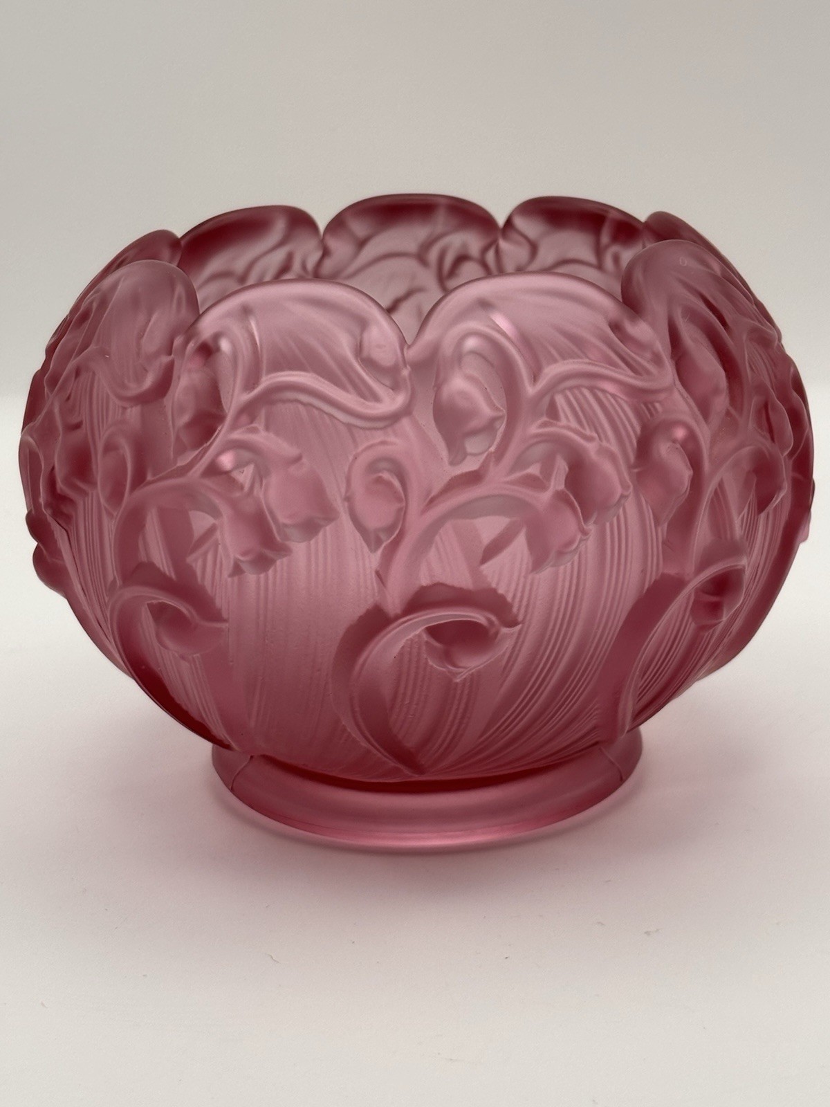 Vintage Fenton Pink Satin Lily of the Valley Rose Bowl Crimped Ruffled Glass 4”