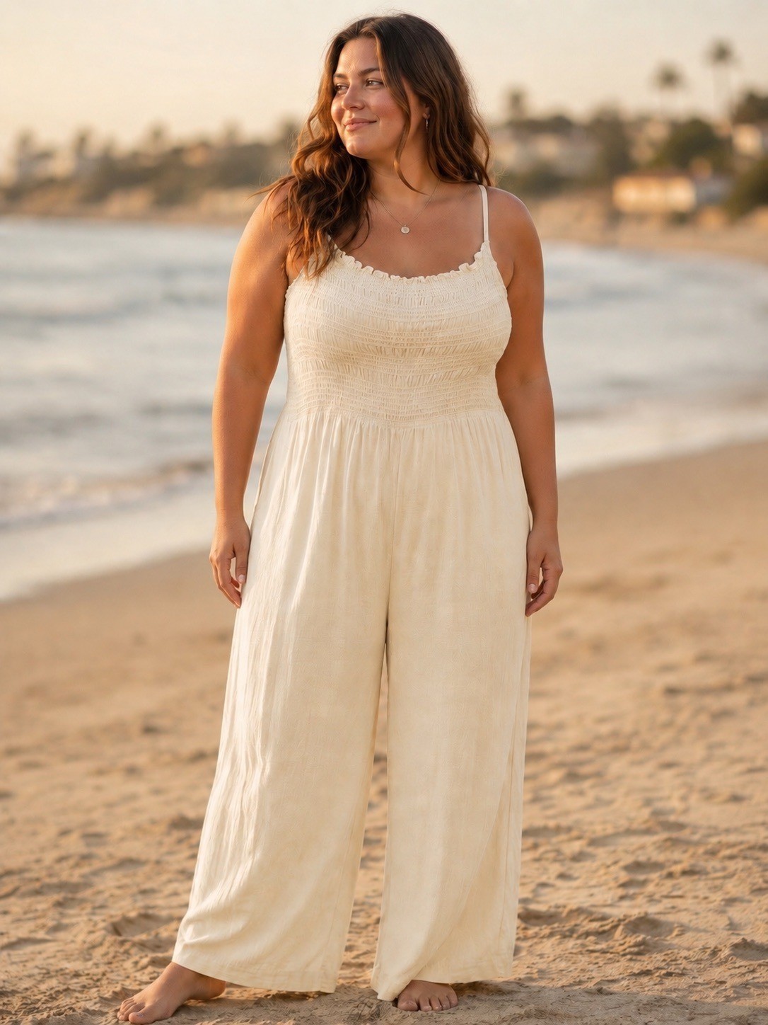 H&M Cream Lightweight Jumpsuit Smocked Chest Flowy Beach Size XL Women\'s