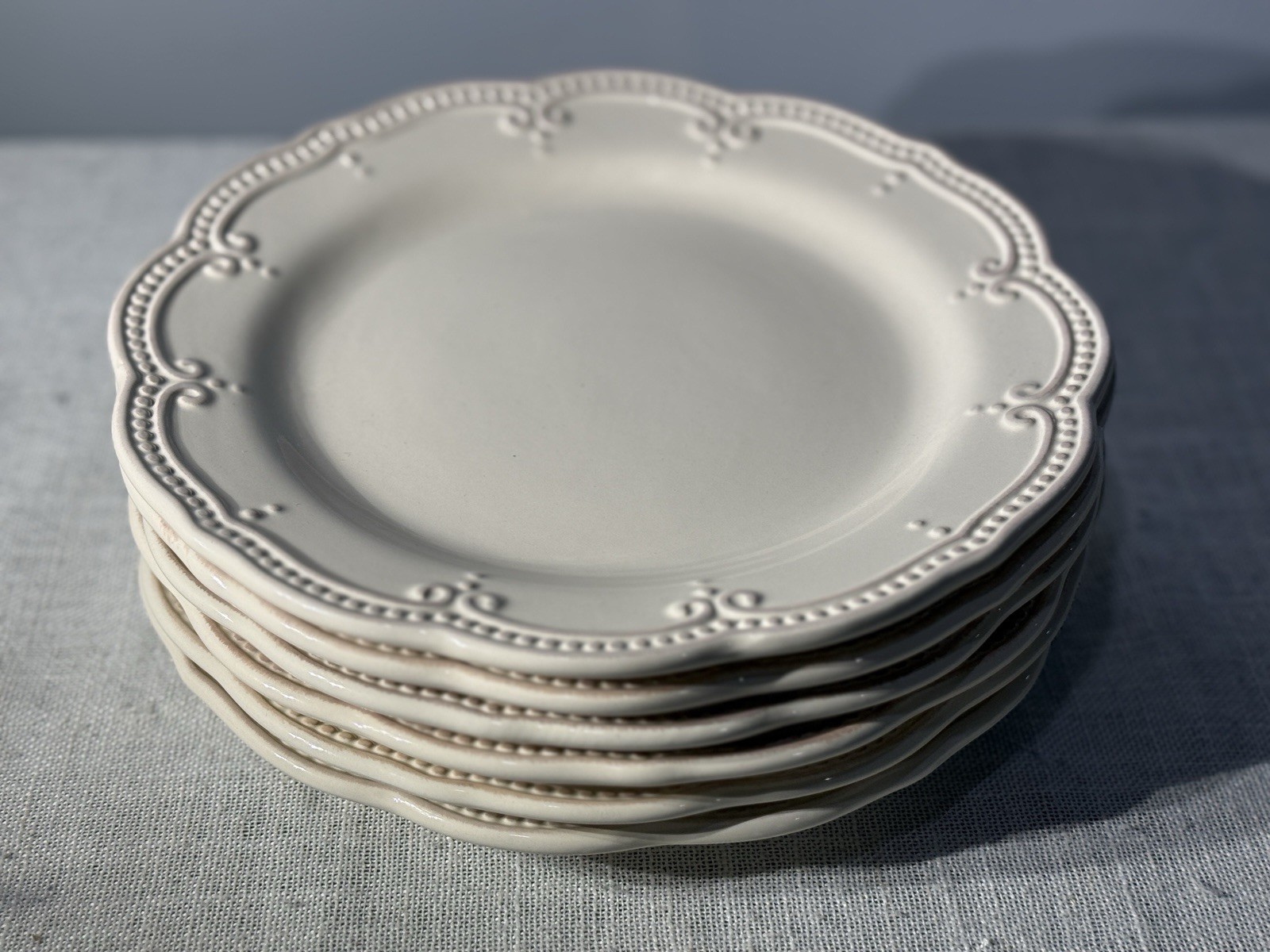 Pier 1 Abigail NEW Set of 6 Salad Lunch Plates 9” Ivory Scalloped Beaded NOS