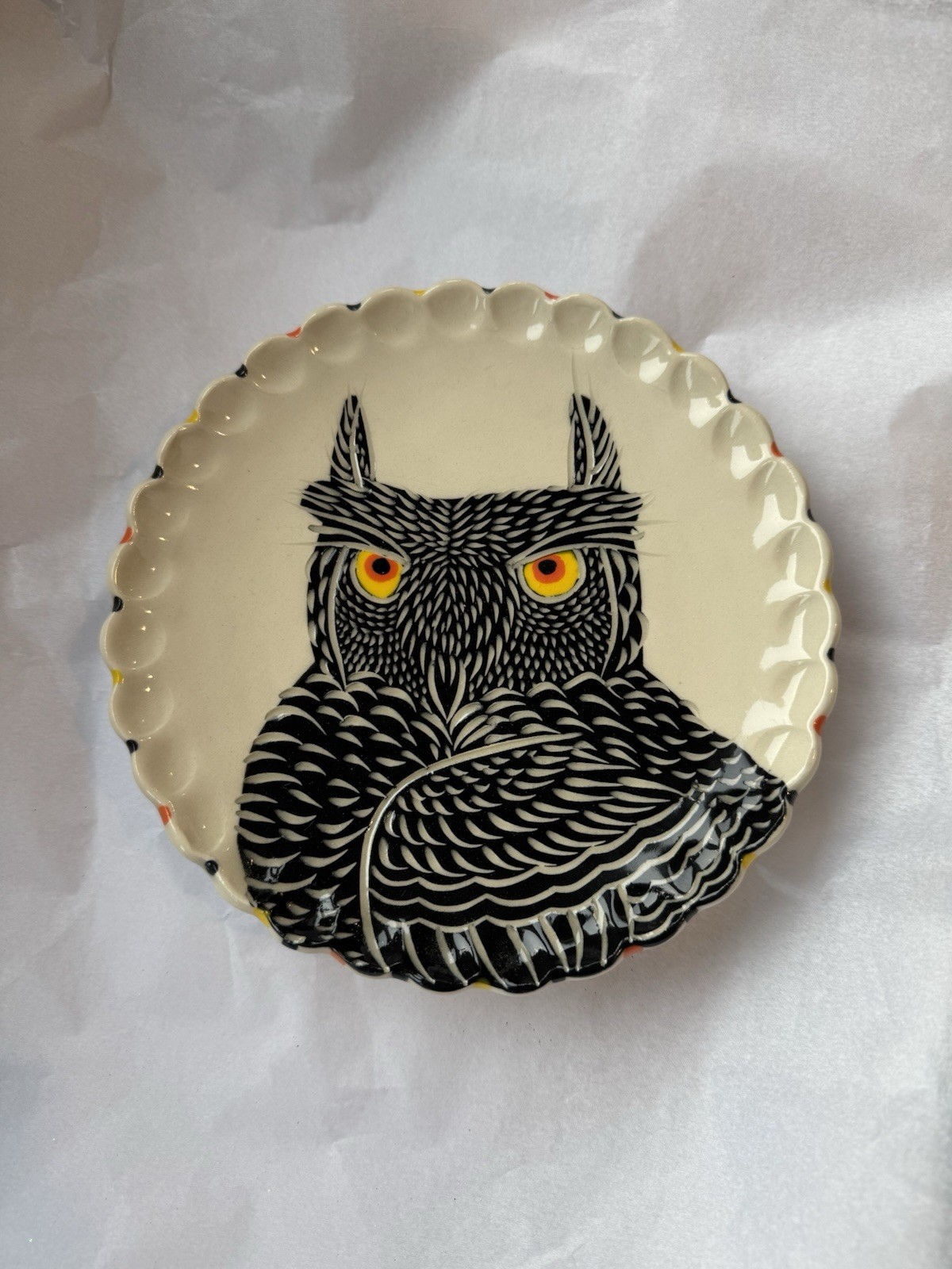 RARE Sue Tirrell Ceramic Owl Art Pottery Plate - NEW