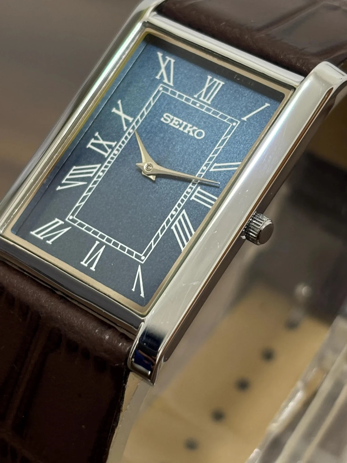 Vintage Refurbished Seiko Slim Tank Men's Wrist Watch -Leather Band