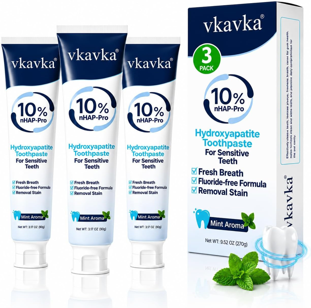 10% Hydroxyapatite Toothpaste 3 Packs, Fluoride Free Nano Hydroxyapatite