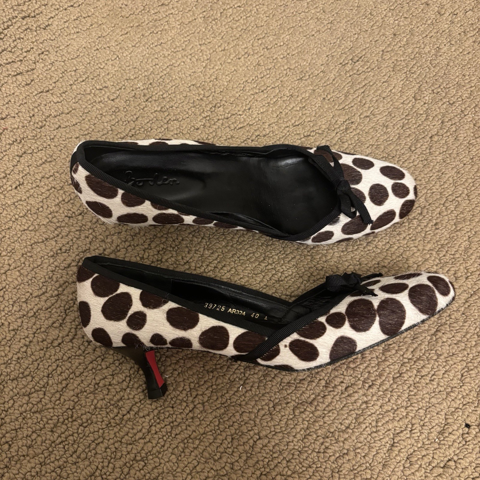 vintage Boden pony hair white and brown polka dot kitten heels US 9, 40 BNWT