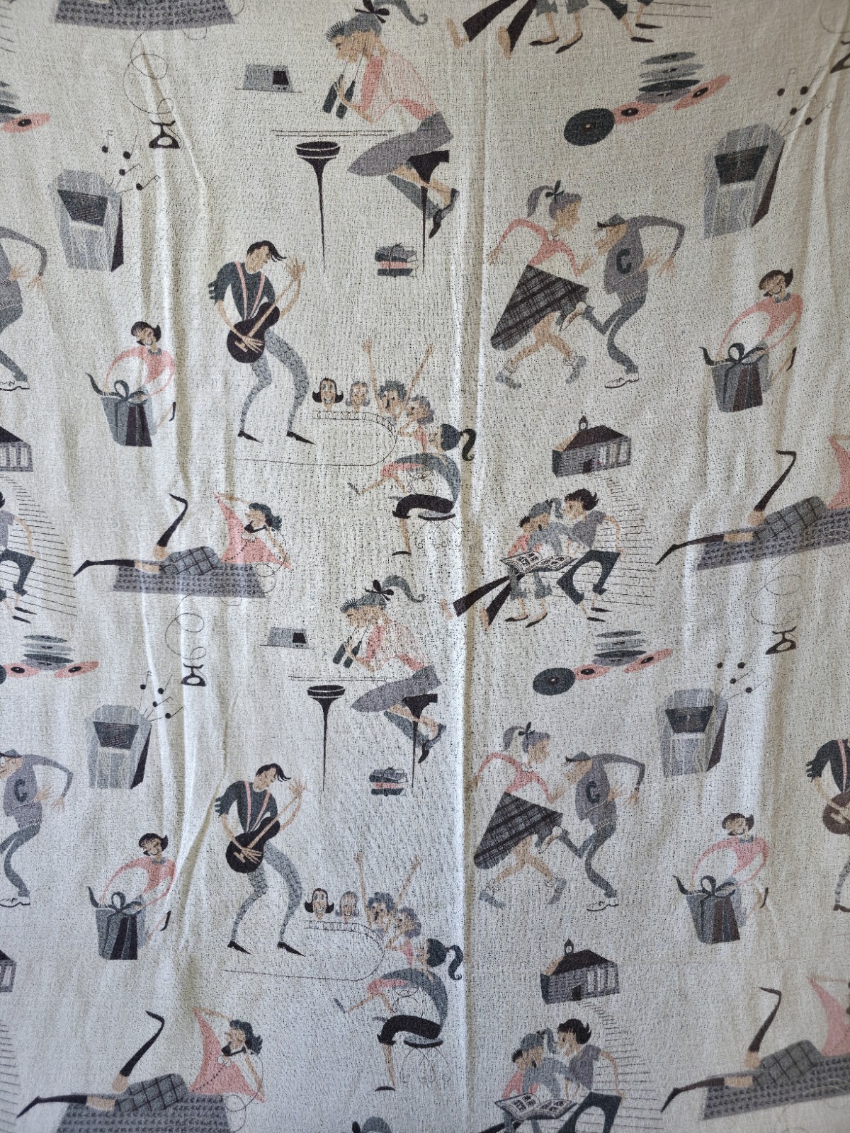 Vtg 50s MCM Textured Novelty 2 Curtain Panels Rockabilly Sock Hop Teen Dance