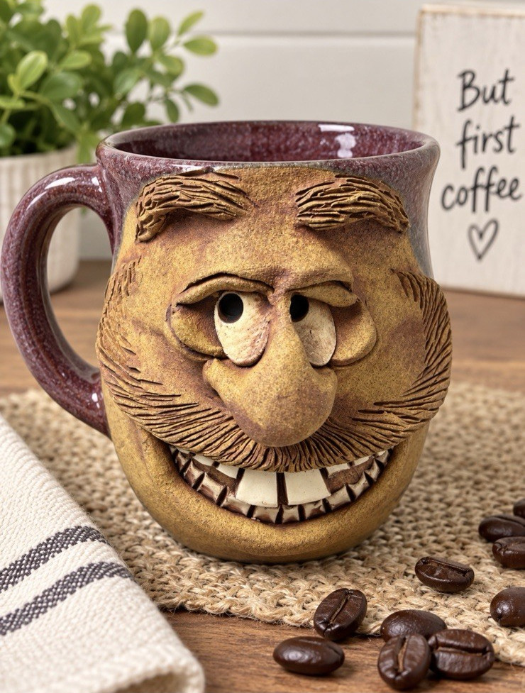 Vtg Rogers Funny Face Teeth Mug Cup Man Mustache 3D Creature Pottery Stoneware Vtg Rogers Funny Face Teeth Mug Cup Man Mustache 3D Creature Pottery Stoneware