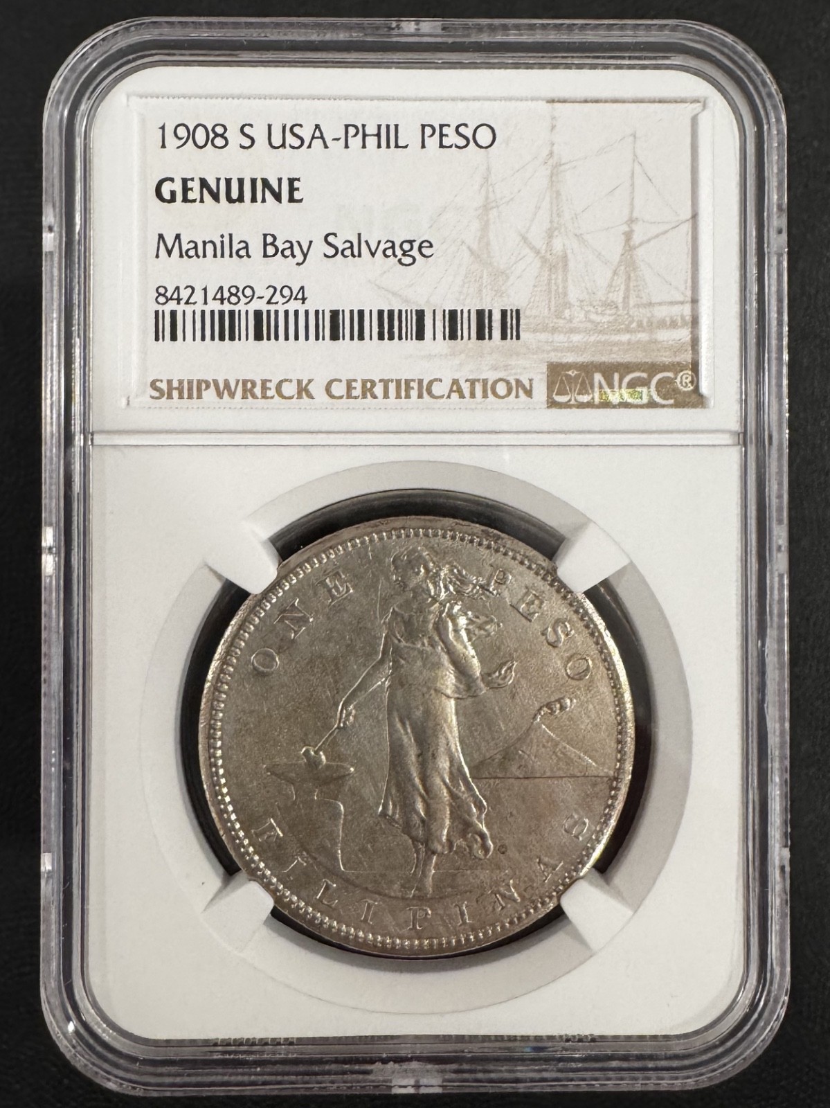 1908-S Philippines Peso NGC Genuine Manila Bay Salvage Shipwreck Silver