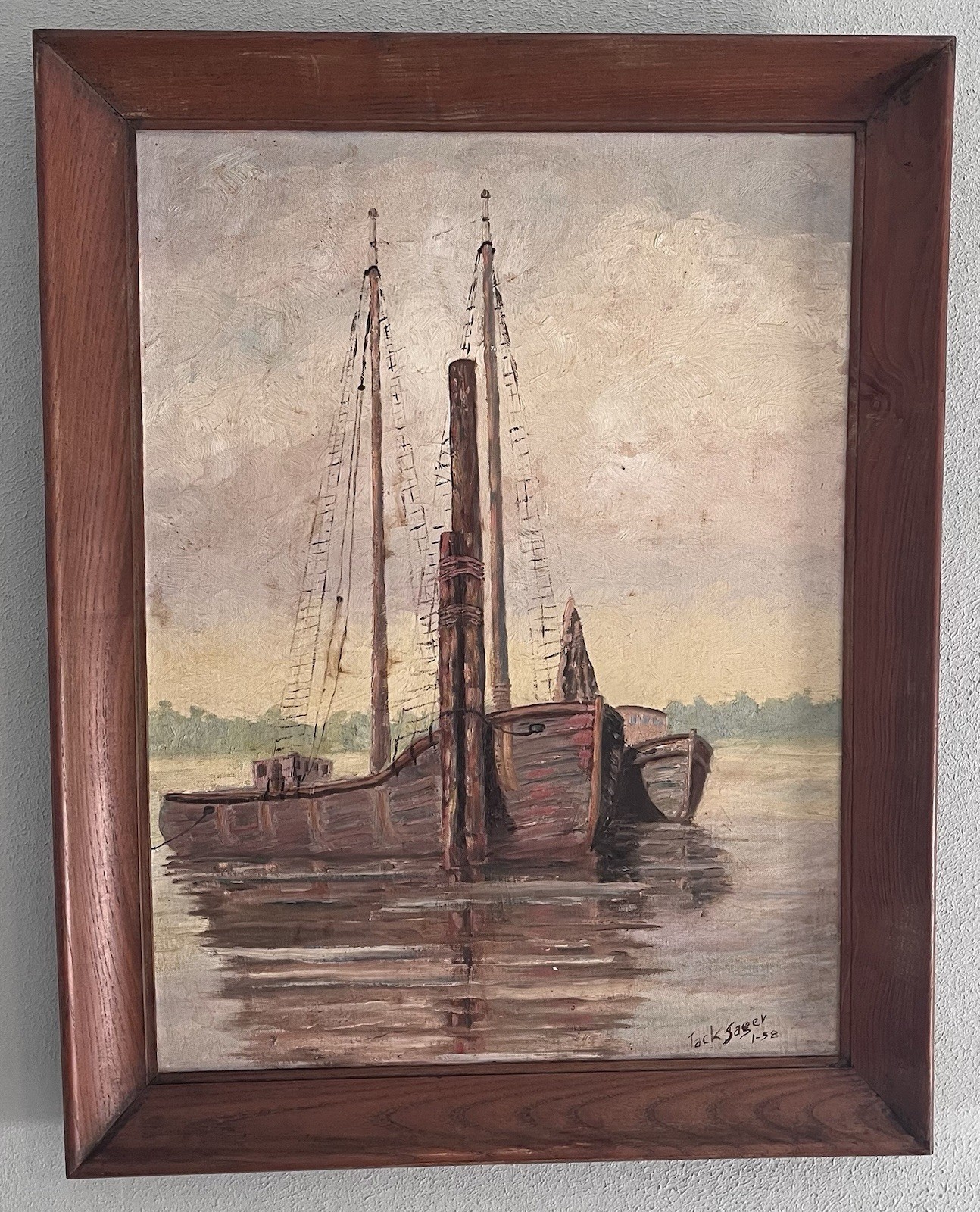 Vintage 1958 Oregon Oil Painting 22x28 Columbia River Schooner Boat Signed⁠