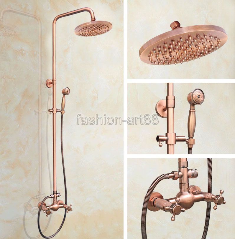 Antique Red Copper Bathroom Rain Shower Faucet Set Dual Handles Mixer Tap frg523