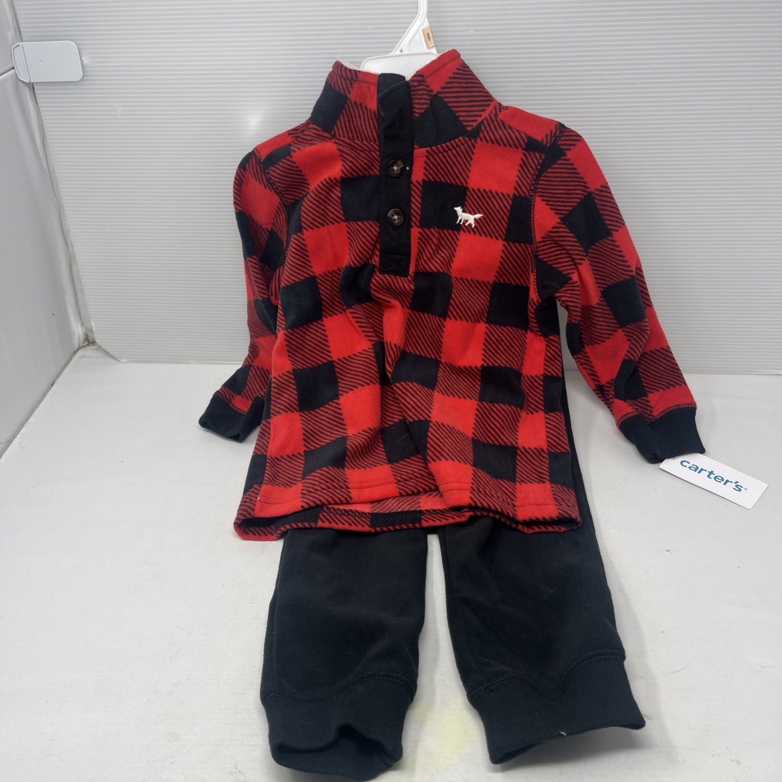 Carter's 2T 2Pc Fleece Buffalo Plaid Pullover & Pants Set Red/Black Button