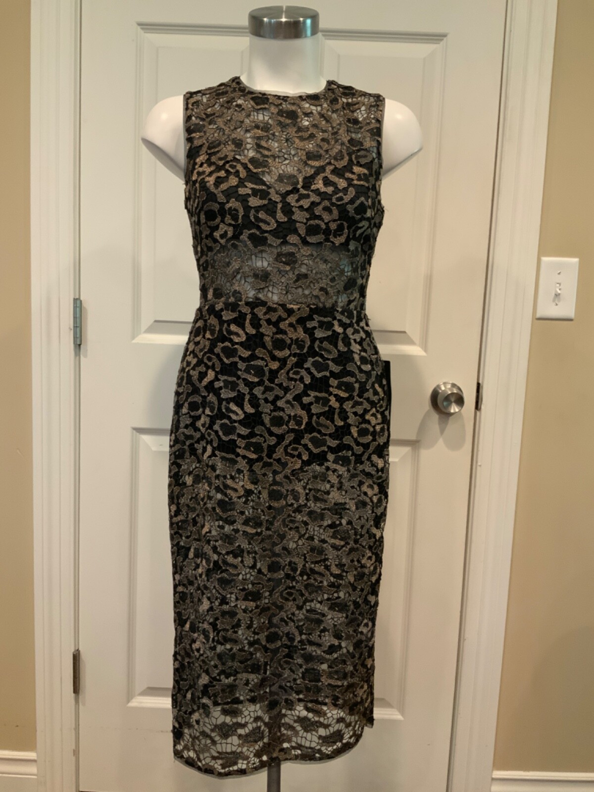 BCBG Max Azria Black & Gold Floral Lace Riley Dress $398, Size 0, NWT