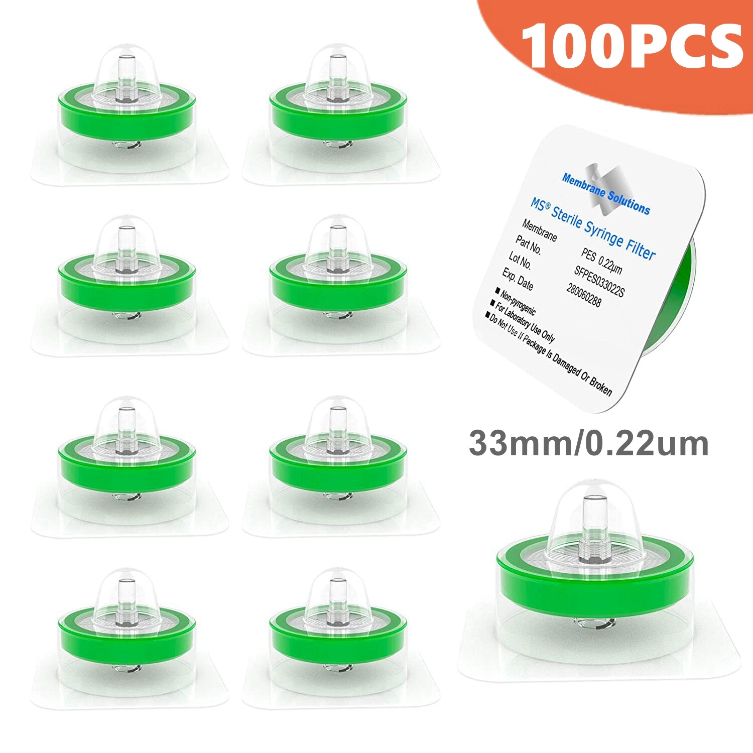 100pcs Lab PES STERILE Syringe Filter 33mm Diameter 0.22μm Pore Size Hydrophilic