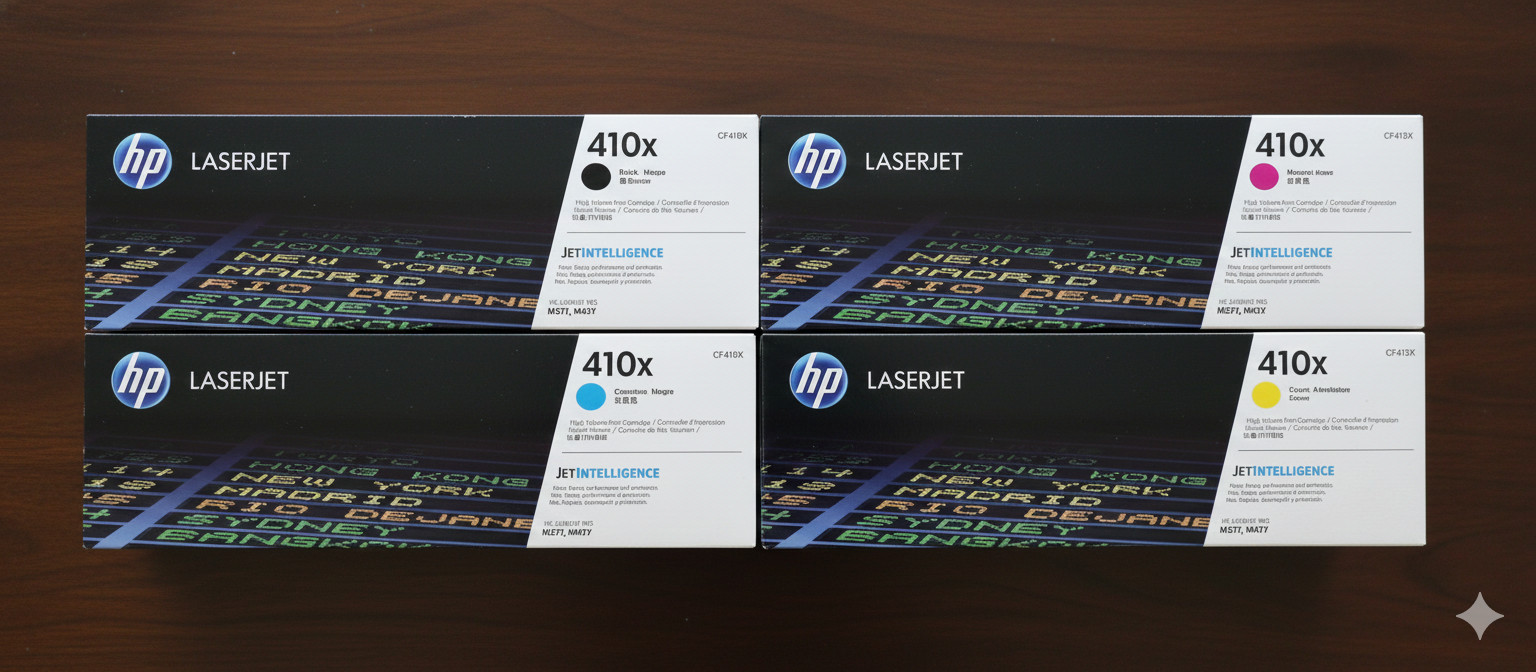 HP 410X High Yield Black Toner CF410X for M452 M477 – CMYK – New & Sealed–4 Pack HP 410X High Yield Black Toner CF410X for M452 M477 – CMYK – New & Sealed–4 Pack