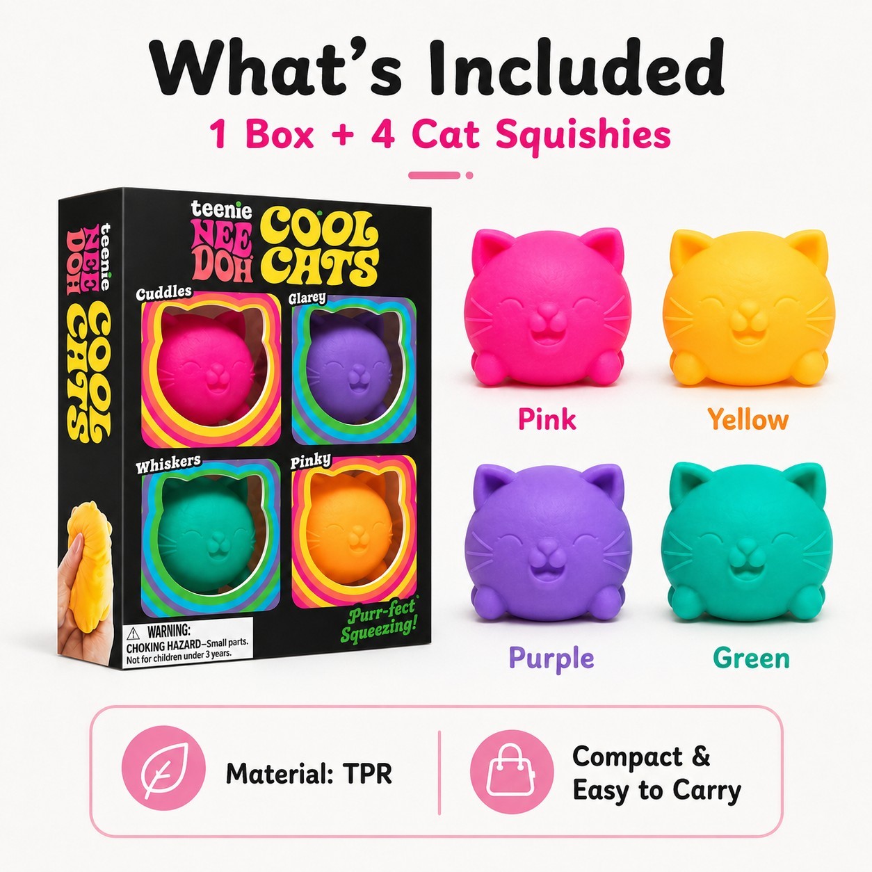 NeeDoh Teenie Cool Cats 4-Pack Schylling Squishy Kittens Fidget Stress Toy NIB