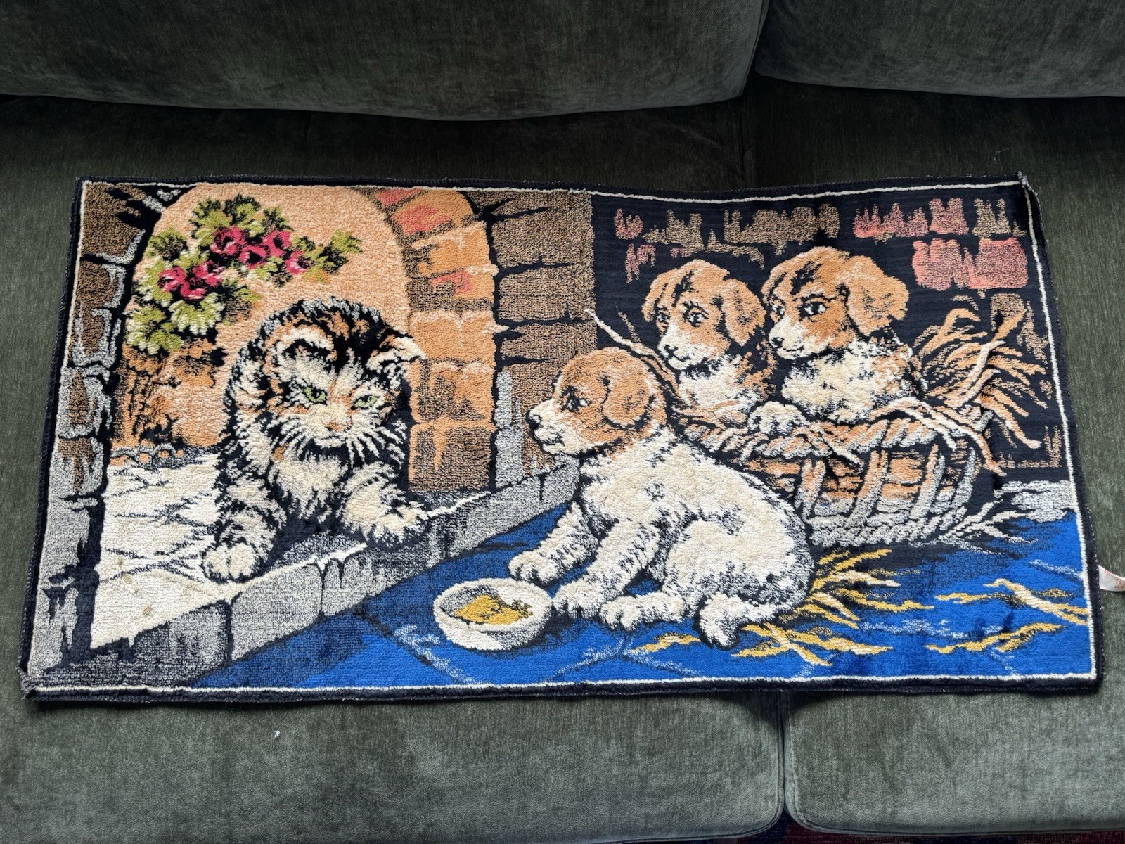 Vintage Italian Puppies & Kitten Tapestry 39”