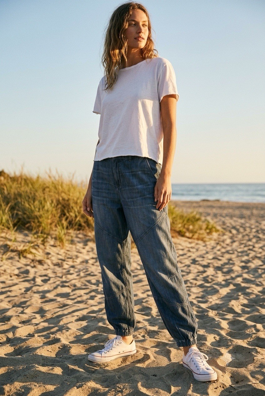 Ruti Light Weight Jogger Pants Hugh Rise Elastic Waist Chambray Boho Womens US 4 Ruti Light Weight Jogger Pants Hugh Rise Elastic Waist Chambray Boho Womens US 4