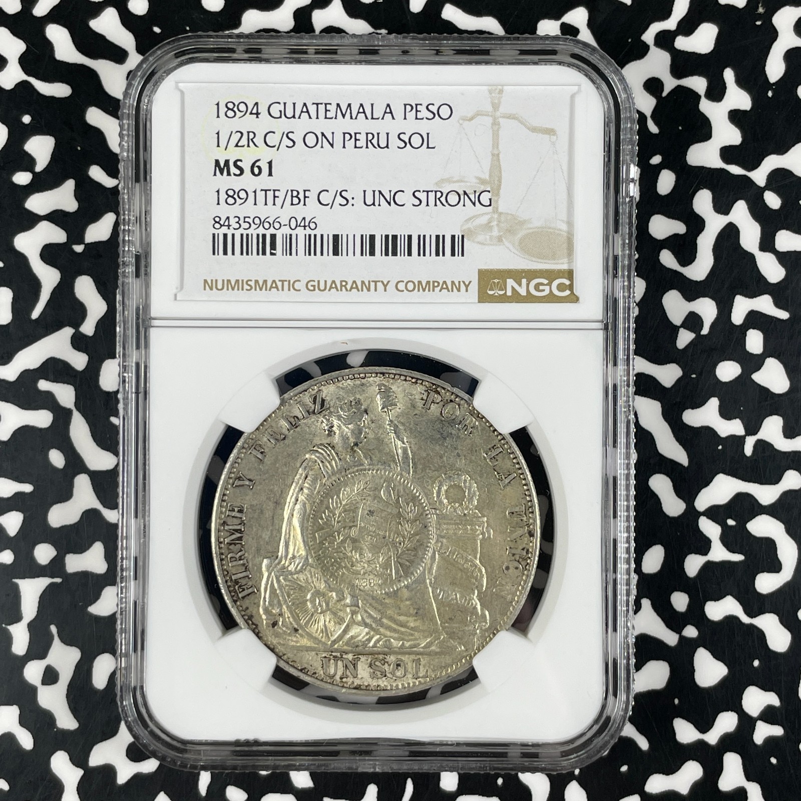 1894 Guatemala 1 Peso With 1/2 Real C/S On 1 Sol NGC MS61 Lot#G2259 Silver 1894 Guatemala 1 Peso With 1/2 Real C/S On 1 Sol NGC MS61 Lot#G2259 Silver