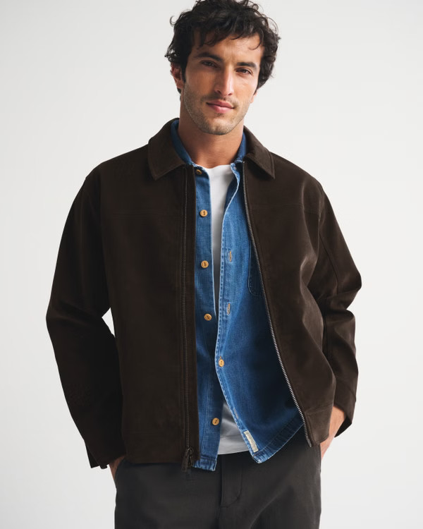 Sale Abercrombie & Fitch Men's Easy Vegan Suede Zip Trucker Jacket Brown