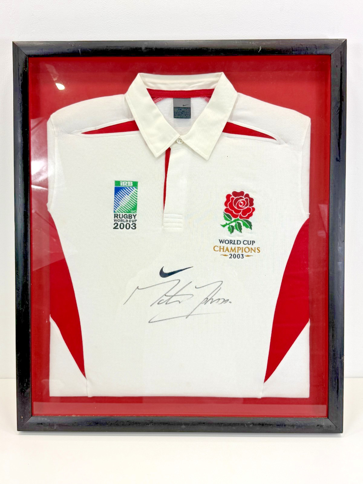 Framed White England 2003 Rugby World Cup Shirt Signed By Martin Johnson						