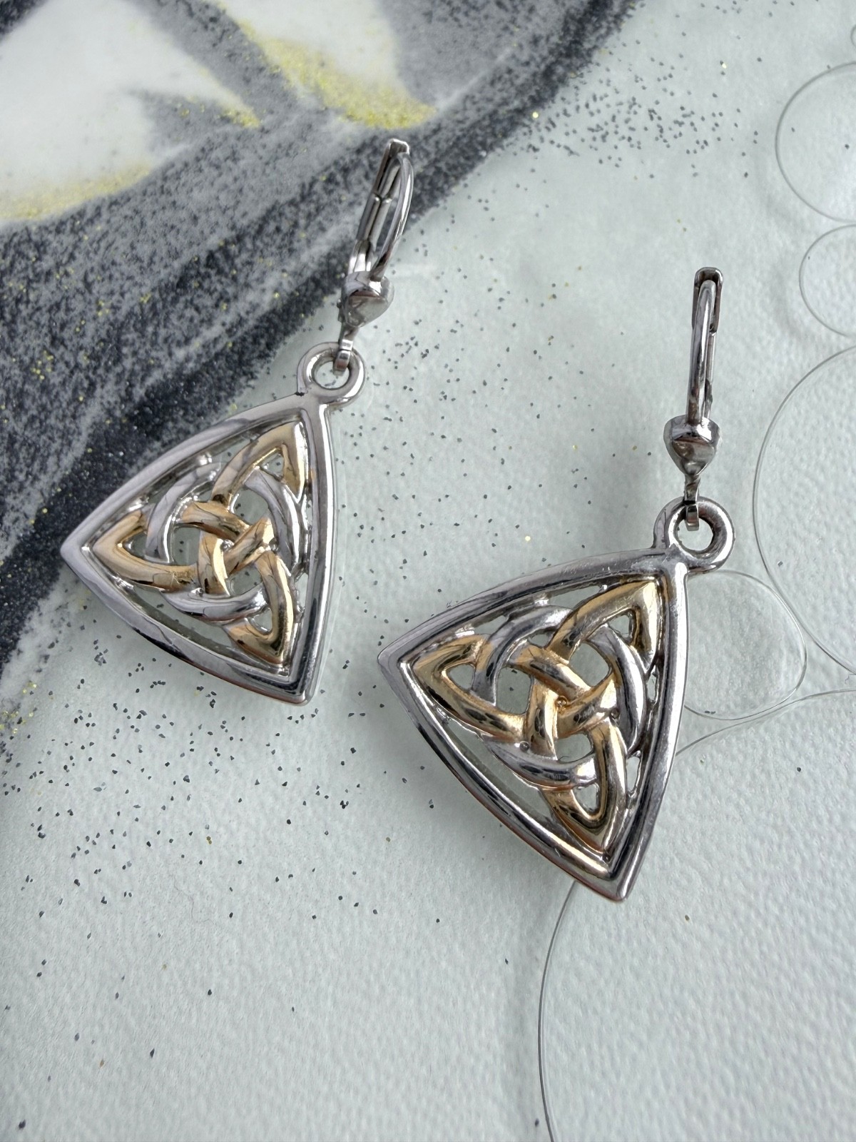 Solvar Ireland Celtic Triquetra Drop Earrings Two Tone Knot Leverback Marked Solvar Ireland Celtic Triquetra Drop Earrings Two Tone Knot Leverback Marked