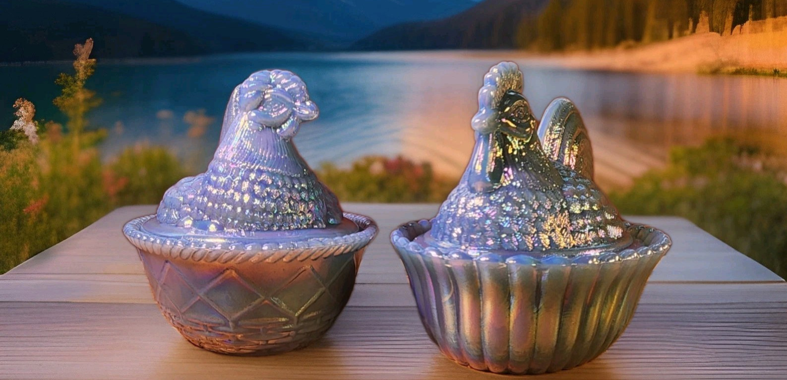 Rooster & Hen on Nest GEORGIA BLUE CARNIVAL Pair Westmoreland Mould By Mosser