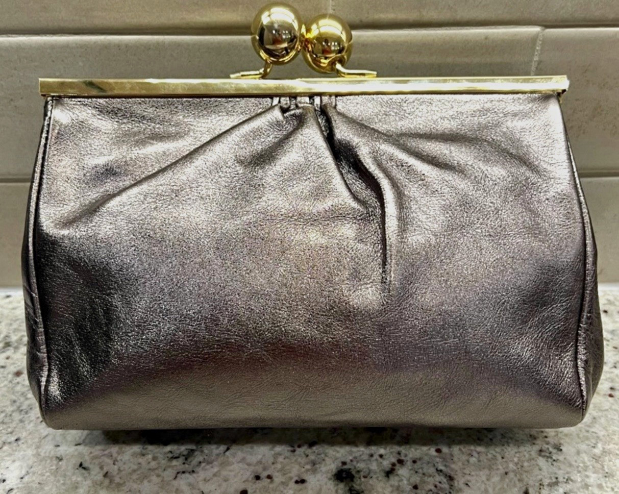 Furla Vintage Metallic Pewter Clutch with Gold Kiss-lock, Italian Calf Leather Furla Vintage Metallic Pewter Clutch with Gold Kiss-lock, Italian Calf Leather