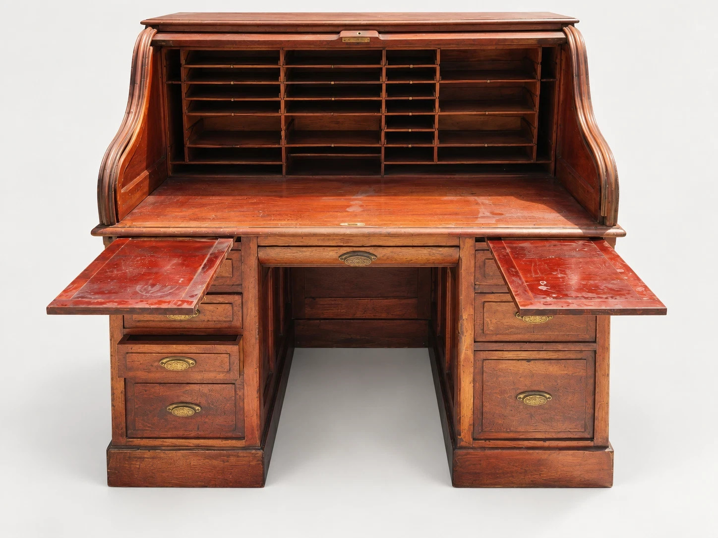 Antique Victorian Roll Top Desk Executive Wood Brass Reddish Brown S Curve