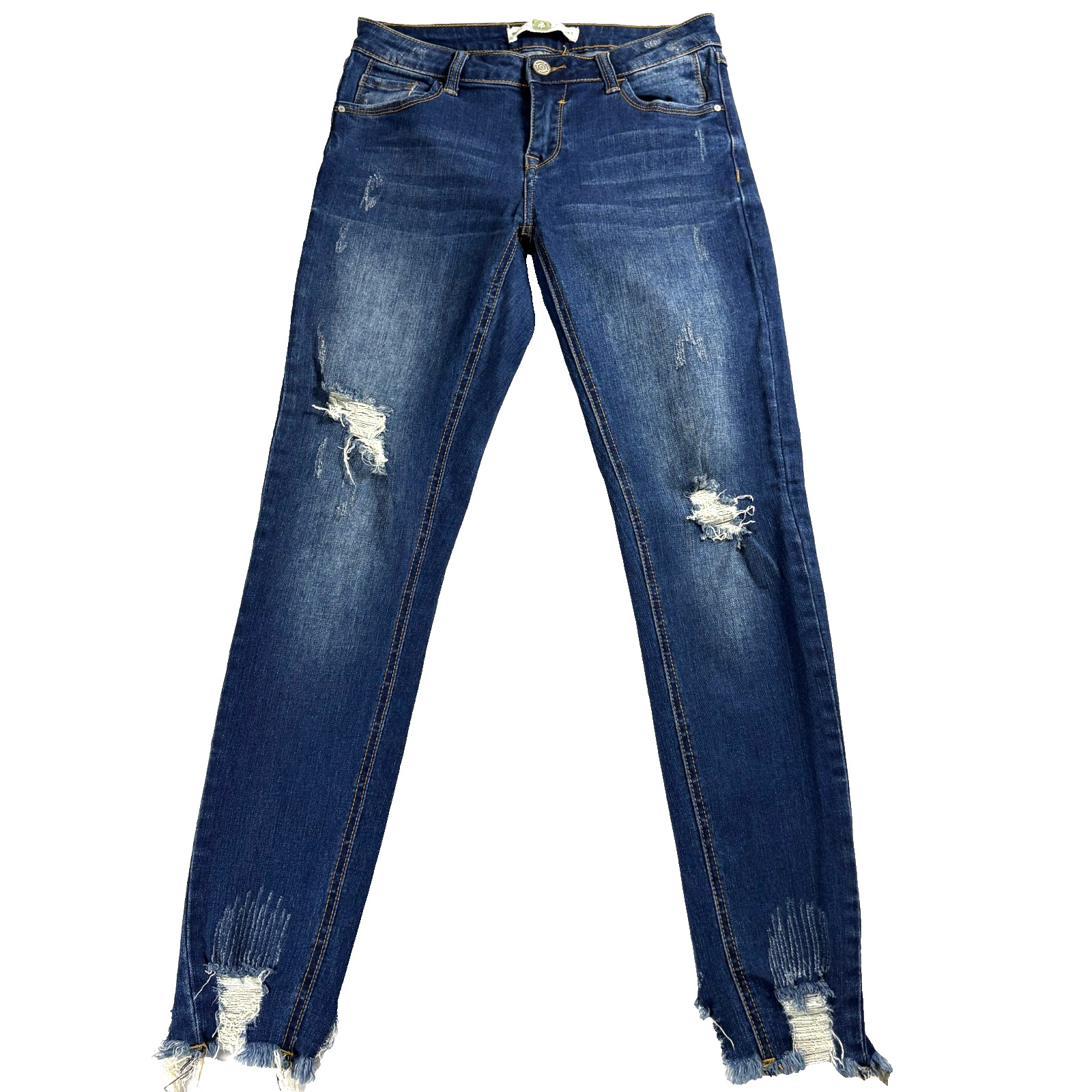 Papaya Jeans Women Size 5 Blue Skinny Distressed Raw Hem Stretch Denim Fit Retro