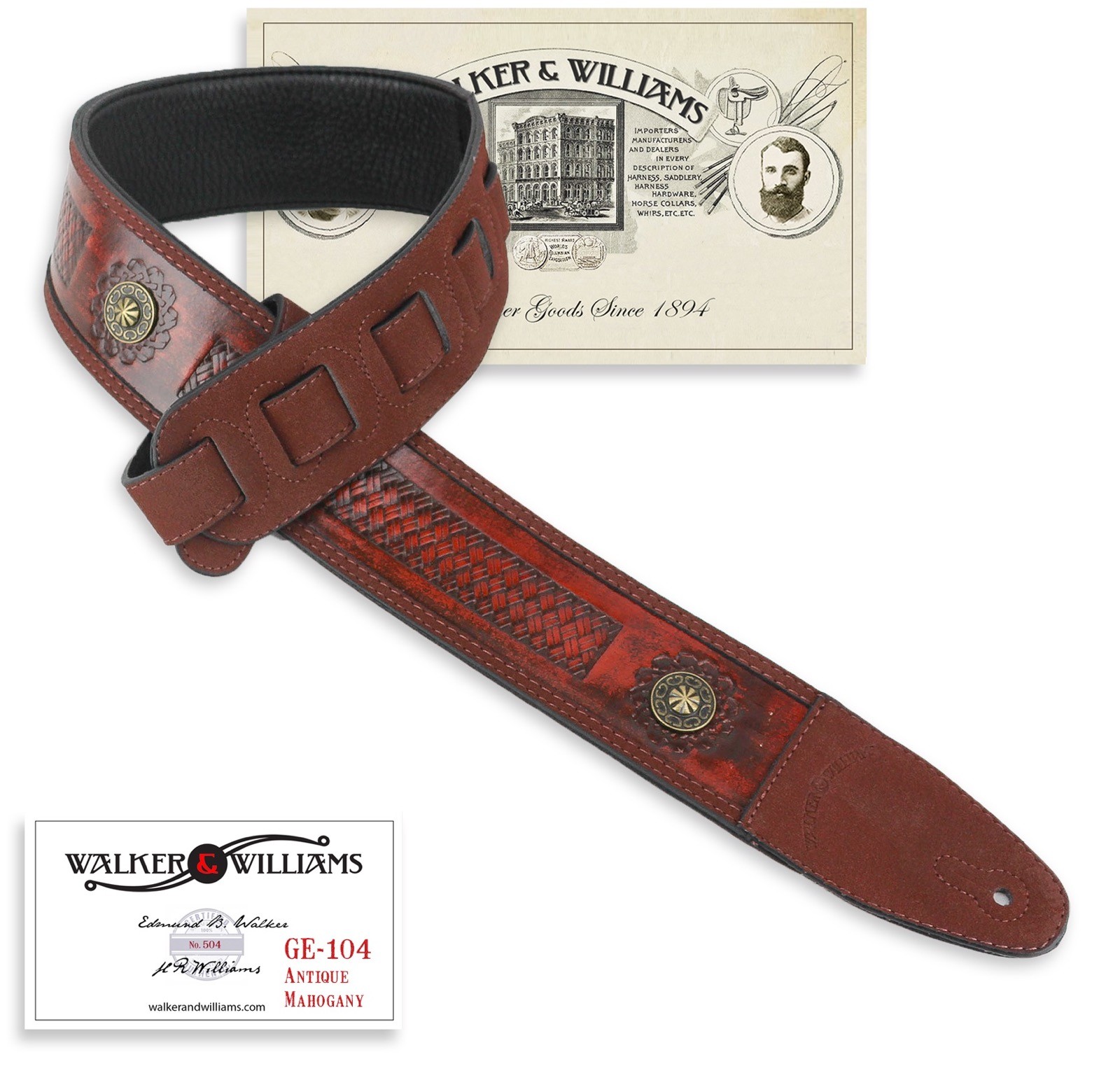 Walker & Williams GE-104 Mahogany Brown Tooled Padded Strap with Brass Conchos