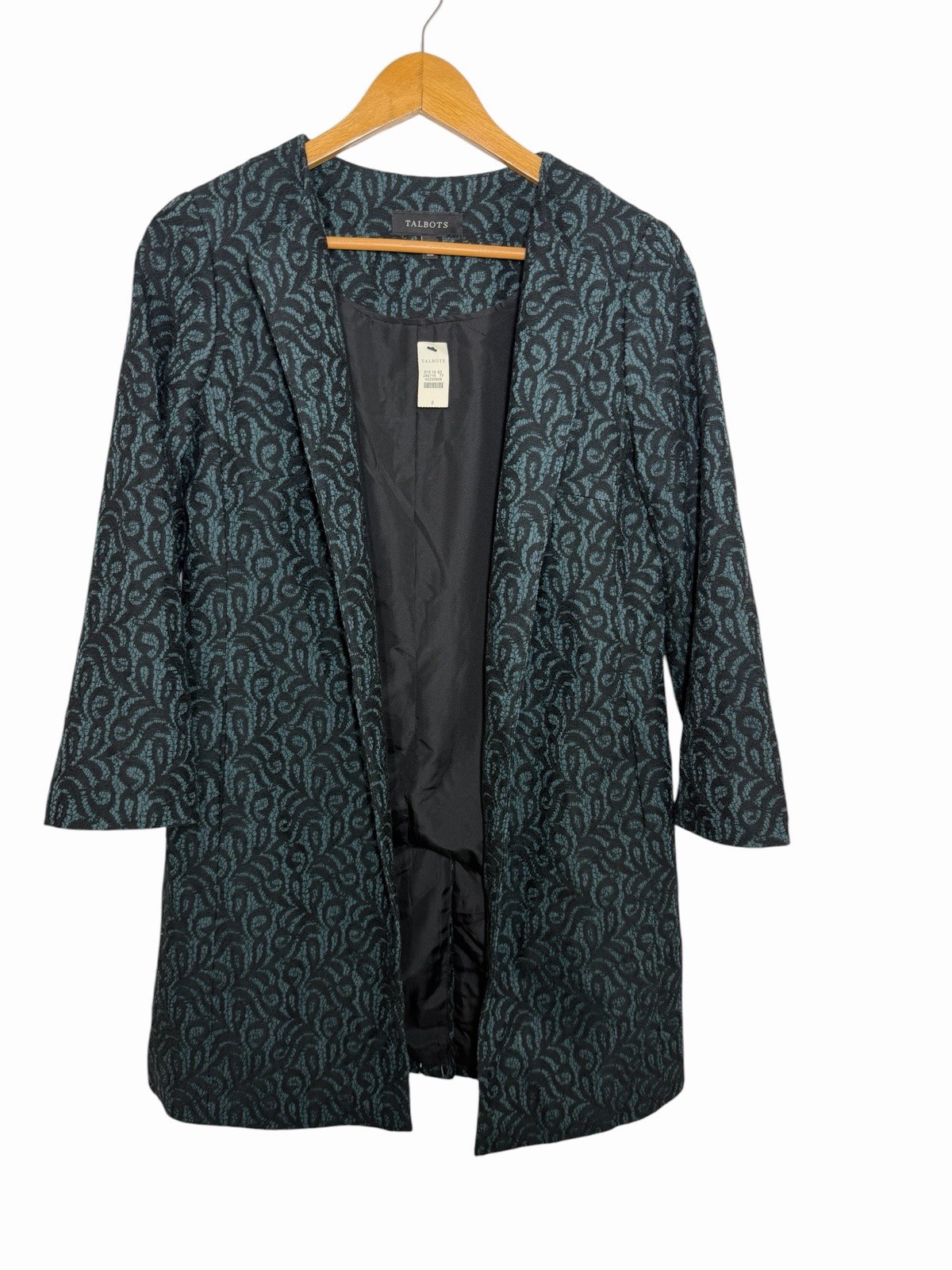 NWT Talbots Emerald Green Black Lace Paisley Open Front Coat Womens Size 2 NWT Talbots Emerald Green Black Lace Paisley Open Front Coat Womens Size 2