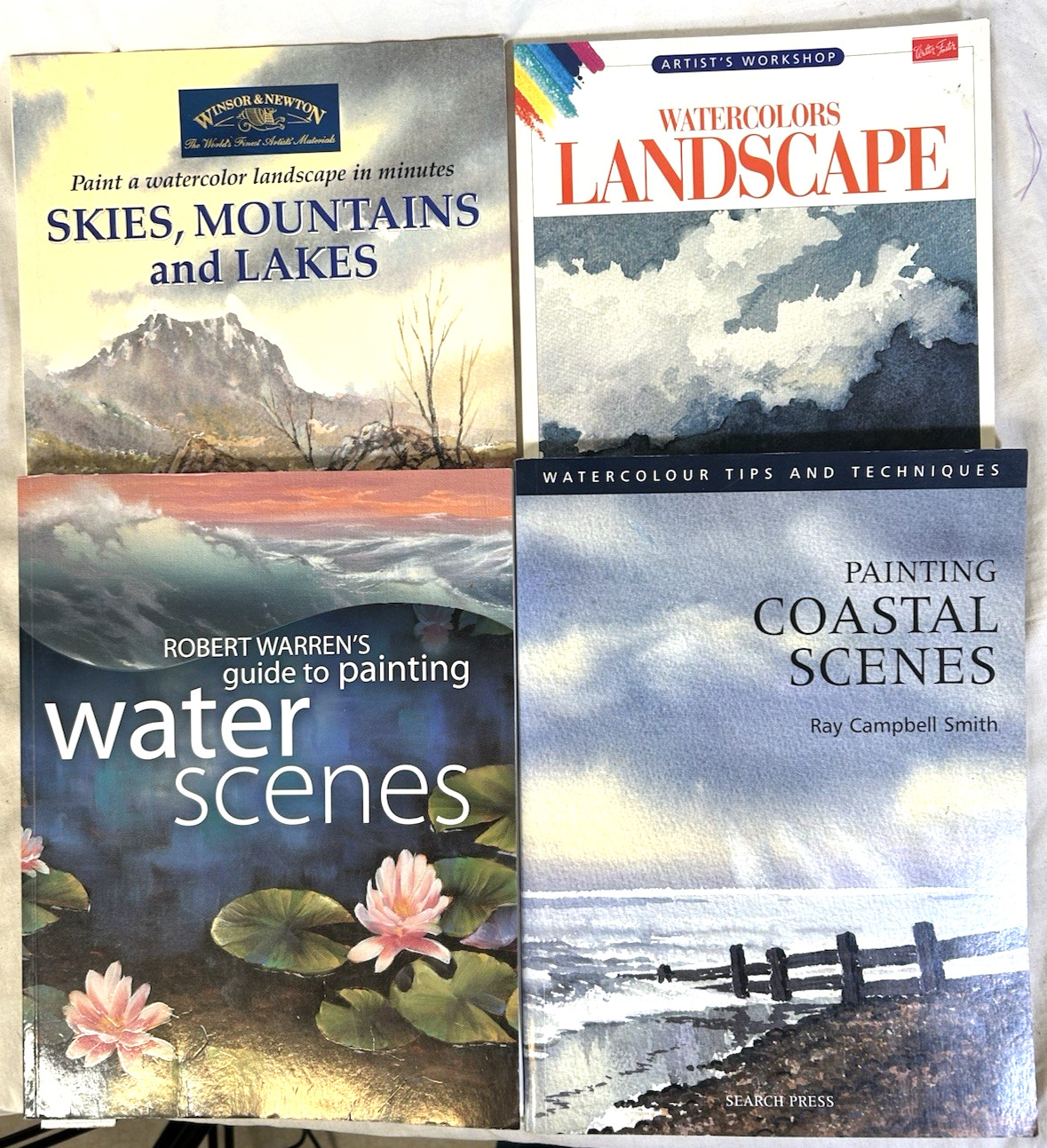 Lot of 4 Painting Techniques Watercolors Landscape Water Coastal Scenes Skies