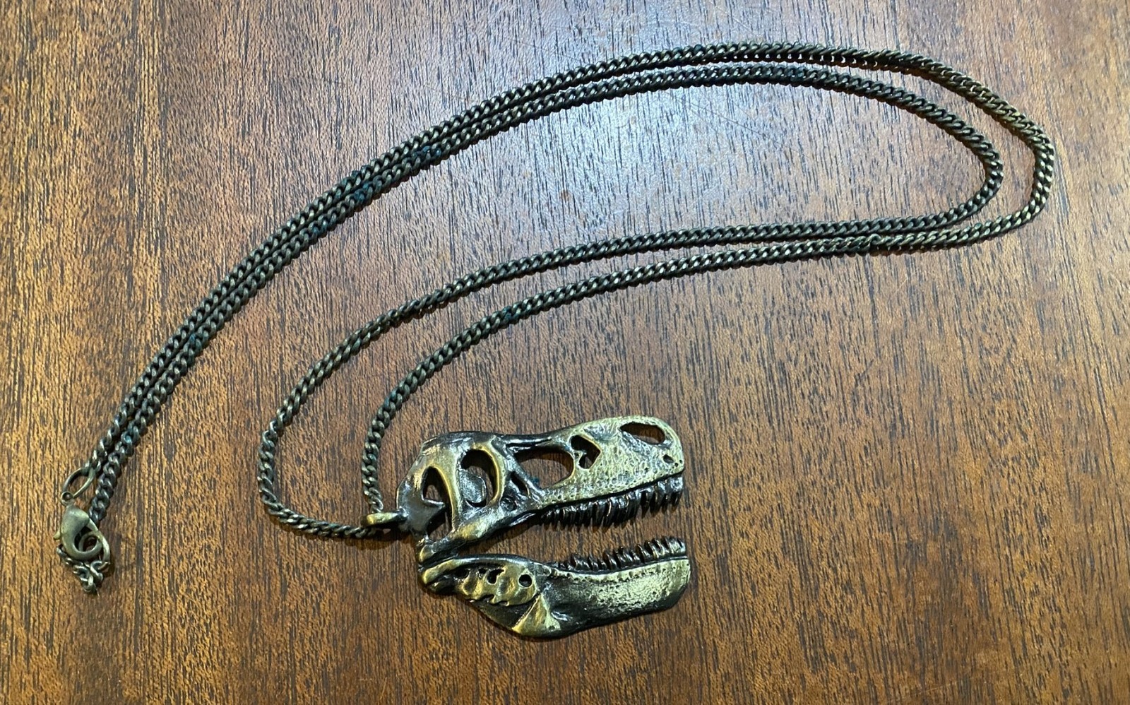 Drop Dead Clothing T-Rex Skull Necklace Antique Bronze Dinosaur Pendant Chain