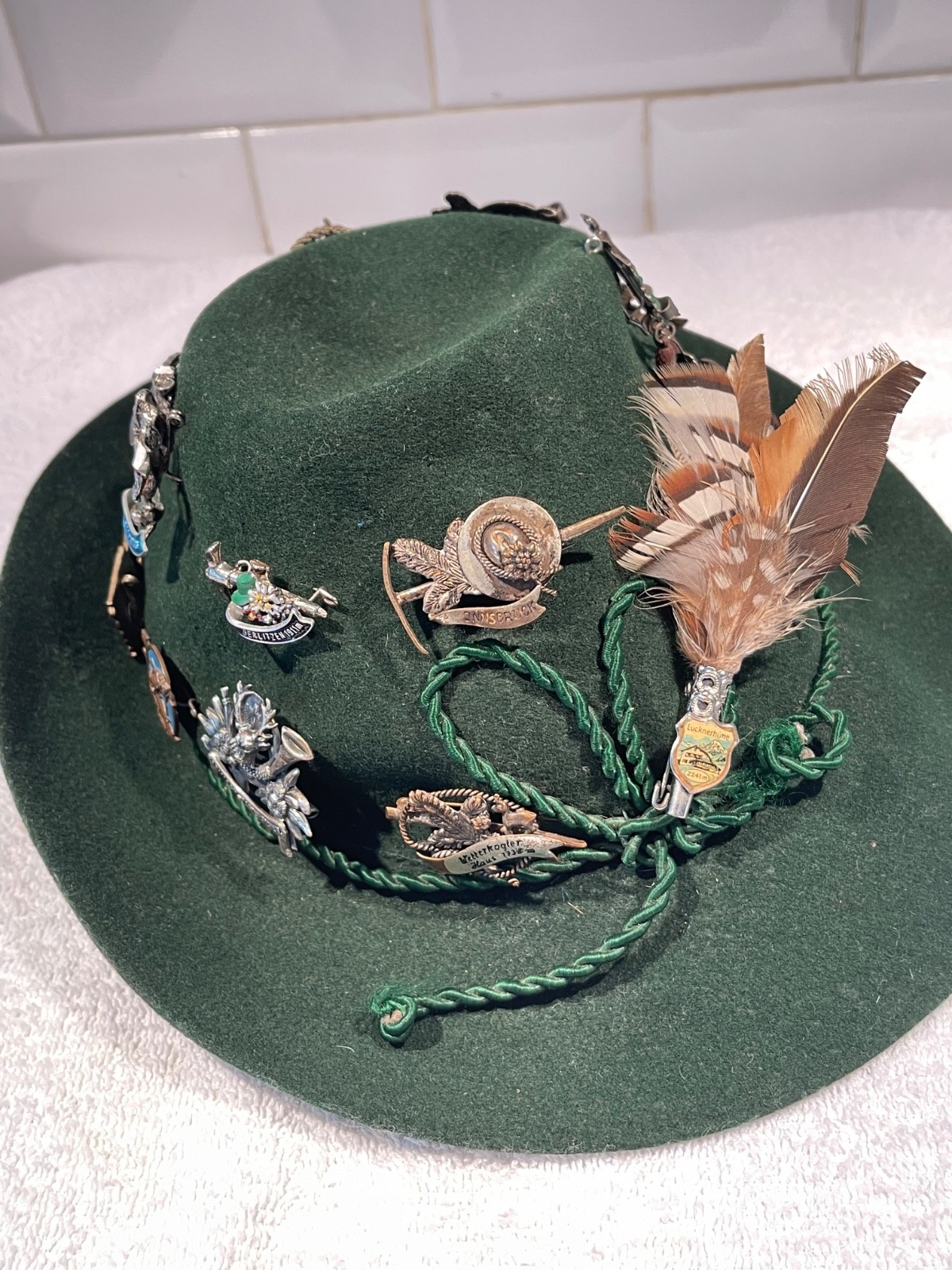 Vintage Bavarian Tirolean Oktoberfest Hat with Gamsbart + 18 Rare Pins