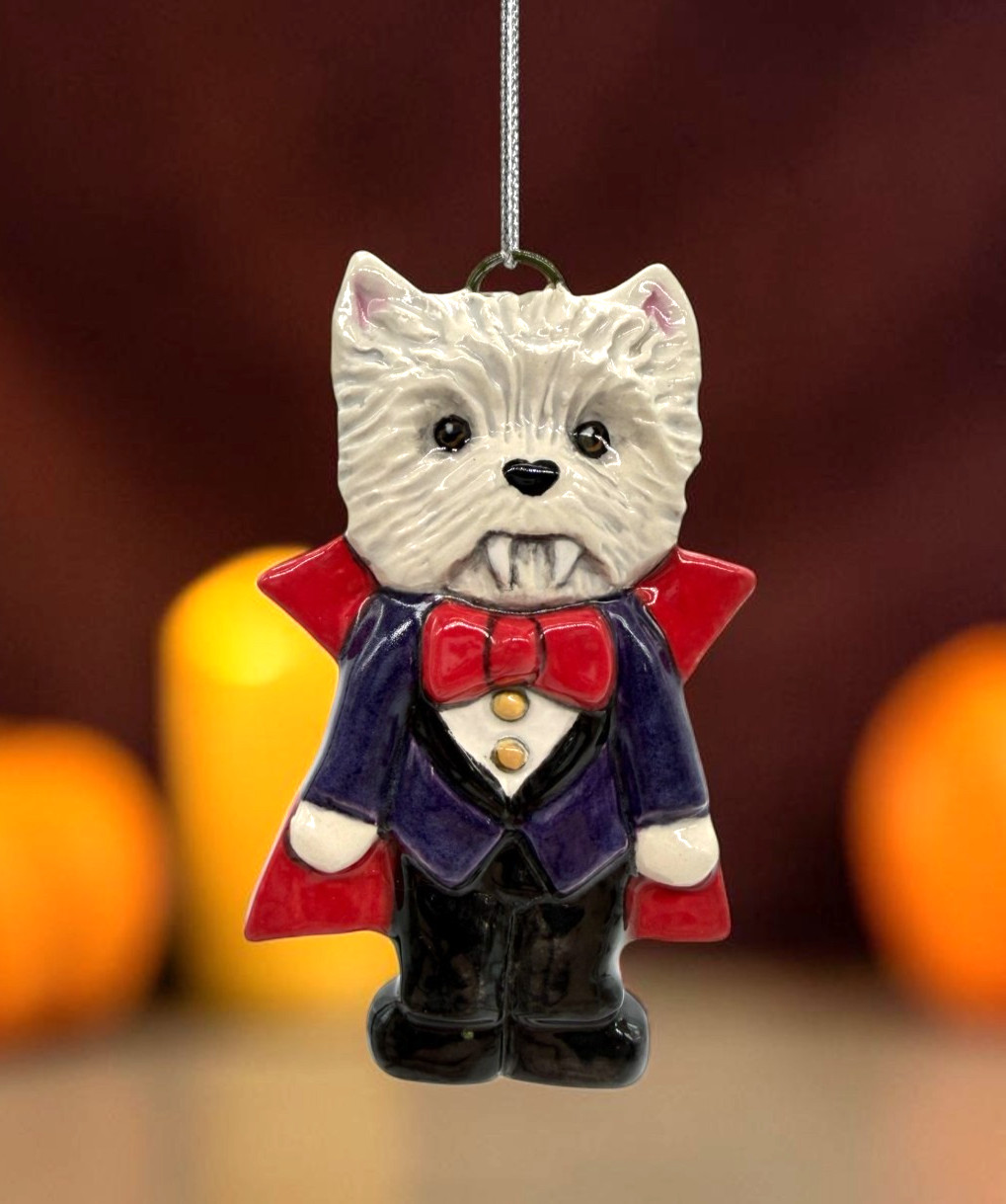 Halloween Westie Terrier Vampire ceramic ornament sculpture by Artist OOAK