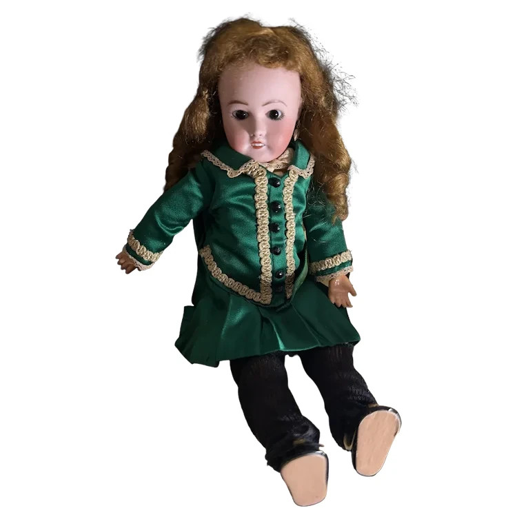 Antique French Limoges Bisque Head Doll Glass Eyes Composition Body Green Dress Antique French Limoges Bisque Head Doll Glass Eyes Composition Body Green Dress