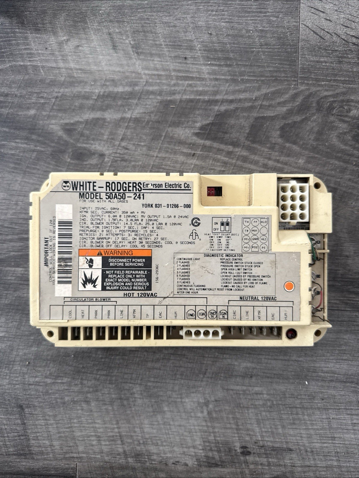 White Rodgers Furnace Control Board 50A50-241 York 031-01266-000