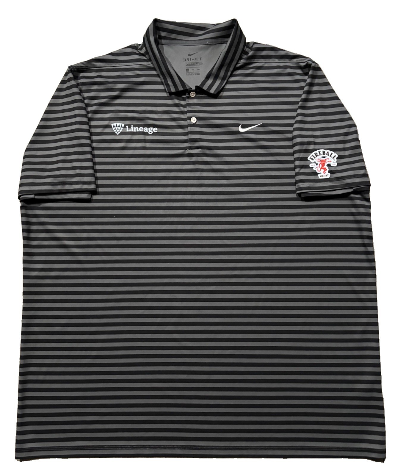 Nike Tournament Golf Shirt W/ Sponsors. Mens 3XL. Black. Gray. Fireball. Lineage Nike Tournament Golf Shirt W/ Sponsors. Mens 3XL. Black. Gray. Fireball. Lineage