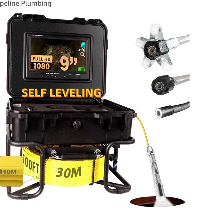 KCapyn 30m Sewer Pipe Inspection Camera 9in LCD 1080p Self-Leveling 16x