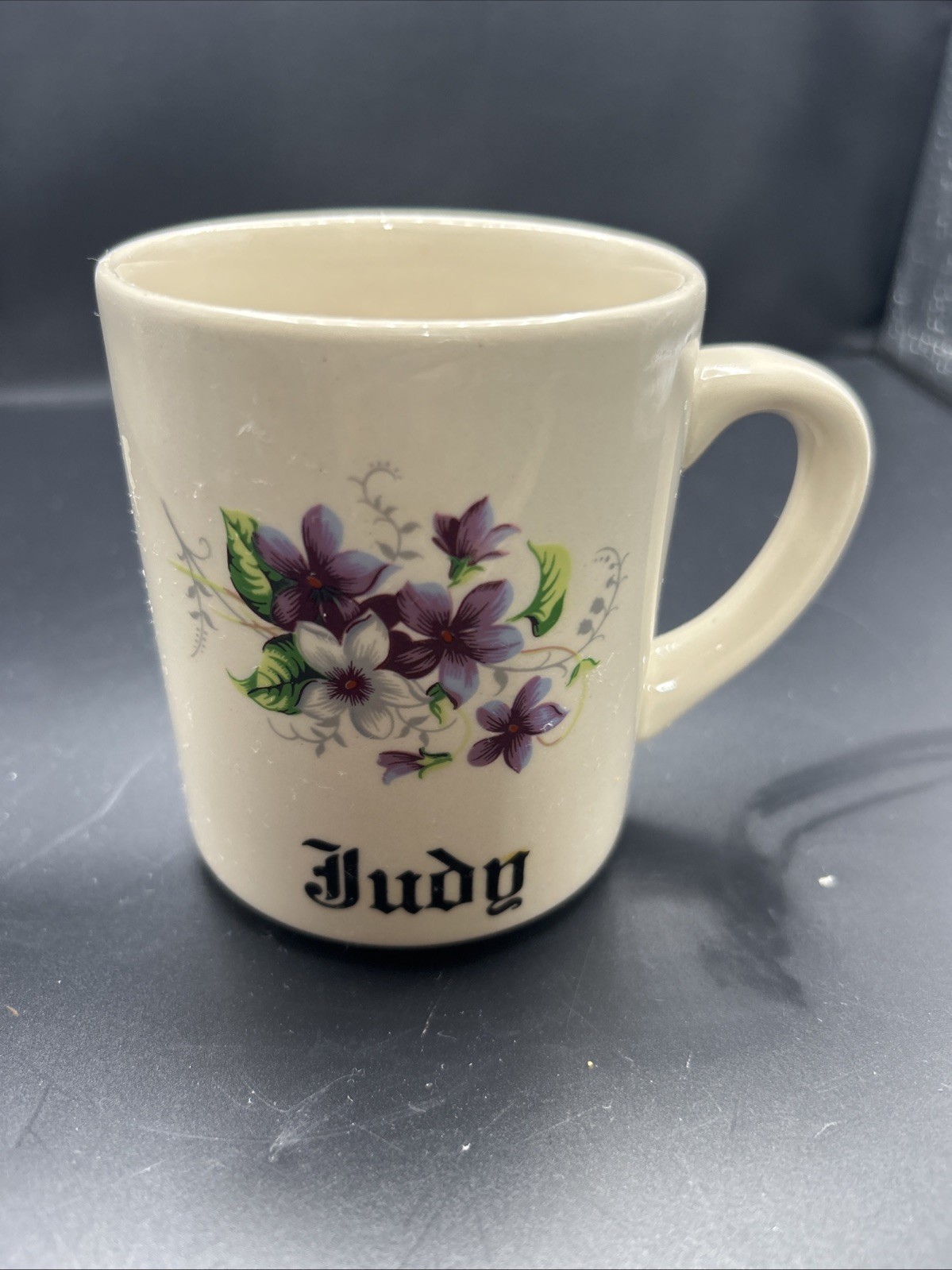 Vintage Judy Name Coffee Mug Purple Floral Violet Made in England Cream Ceramic Vintage Judy Name Coffee Mug Purple Floral Violet Made in England Cream Ceramic