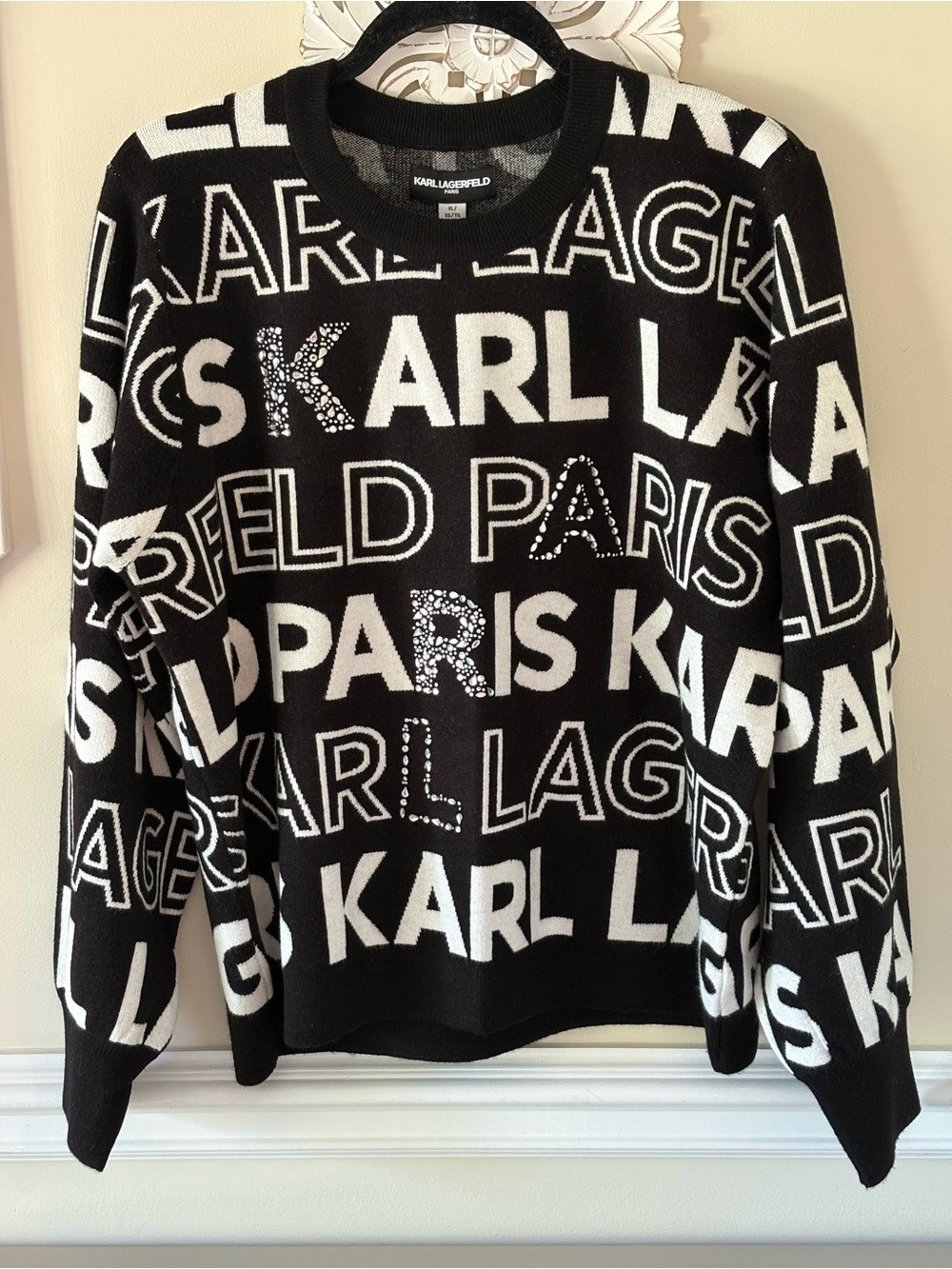 Karl Lagerfeld Black and White Allover Logo Knit Sweater