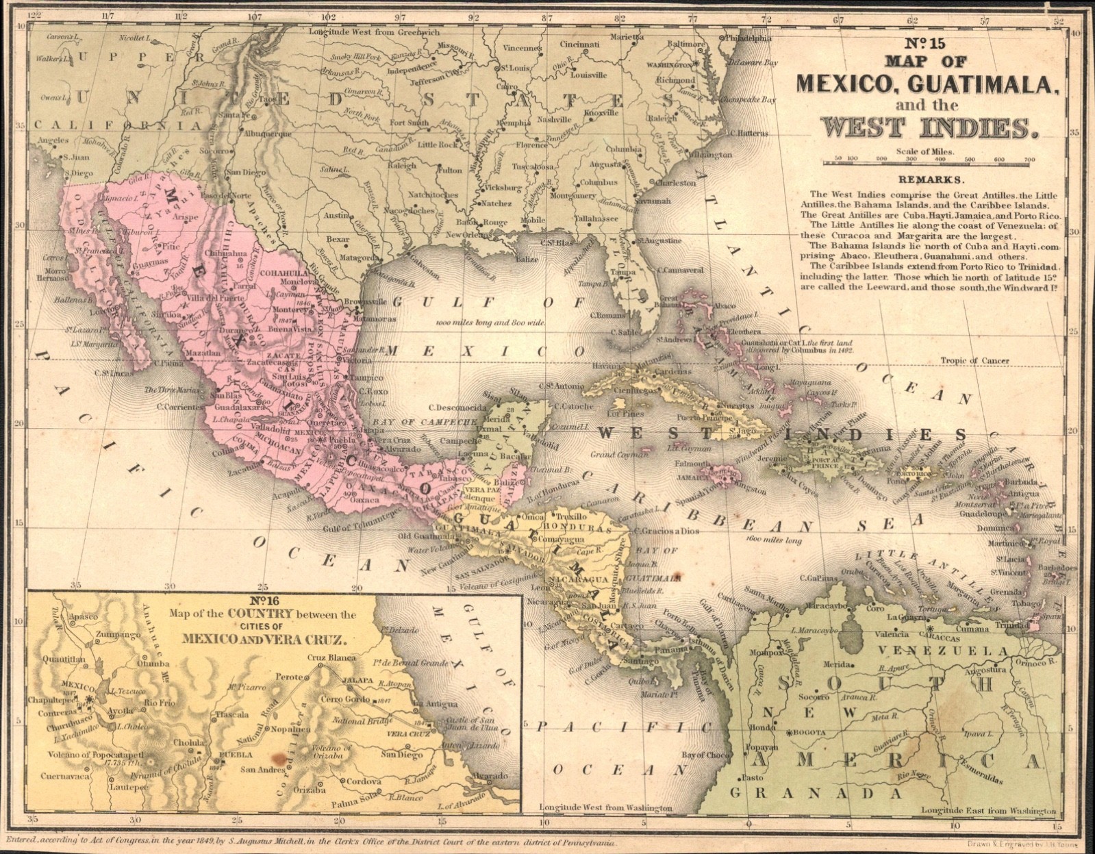 1849 MEXICO, GUATEMALA & WEST INDIES antique engraved map S. AUGUSTINE MITCHELL