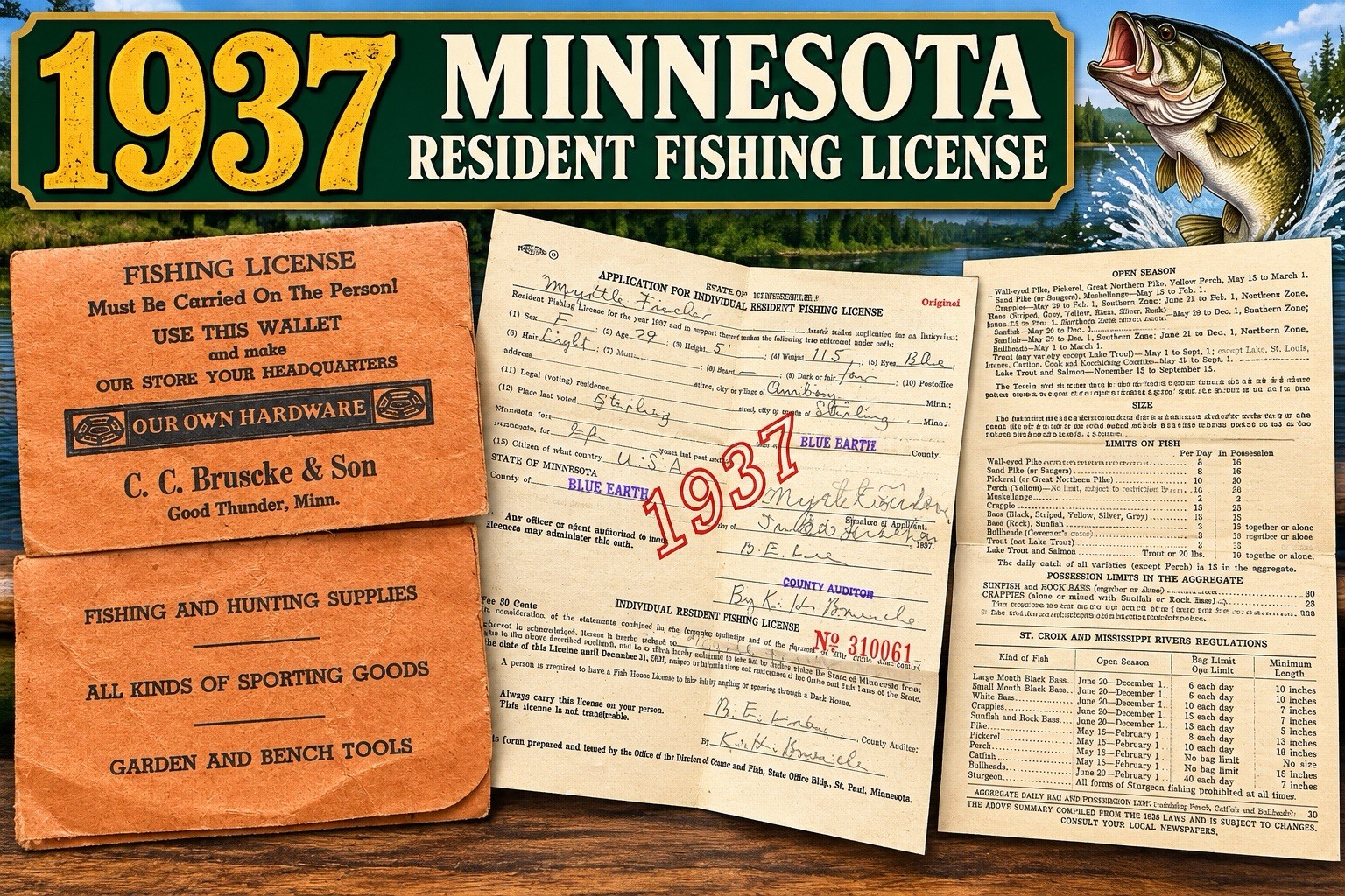 VTG 1937 Original Minnesota Resident Fishing License & Wallet - Good Thunder. MN