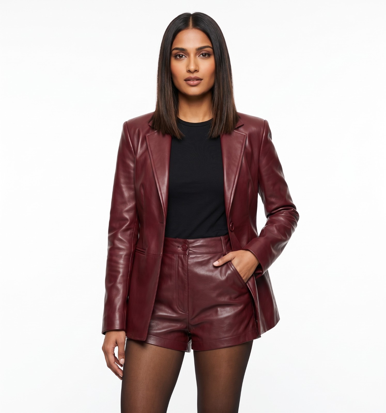 Women's Genuine Leather 2-Piece Suit Burgundy Blazer & Tailored Shorts Set