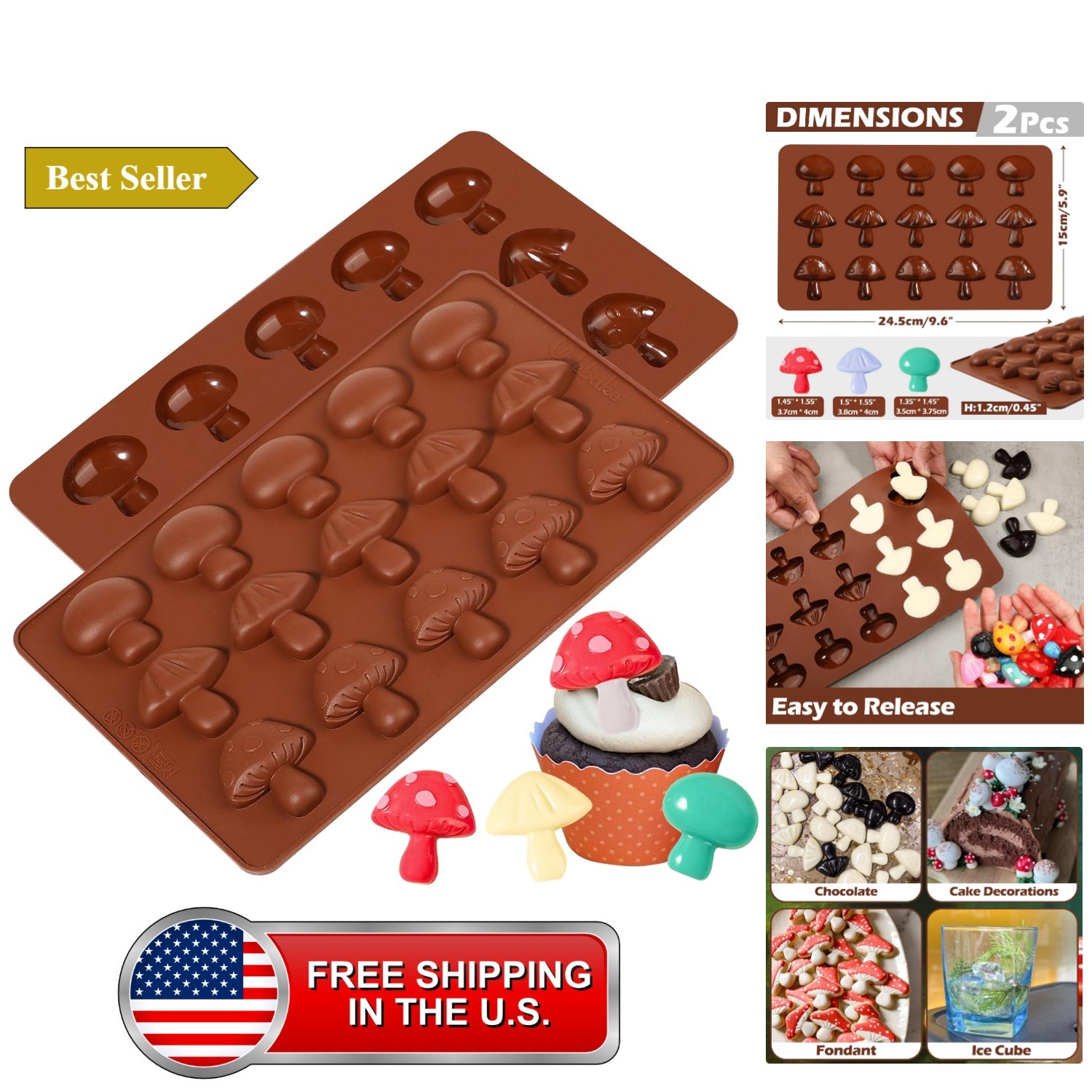 Mushroom Chocolate Mold, 15-Cavity Mushroom Silicone Molds with Three Cute Mu...