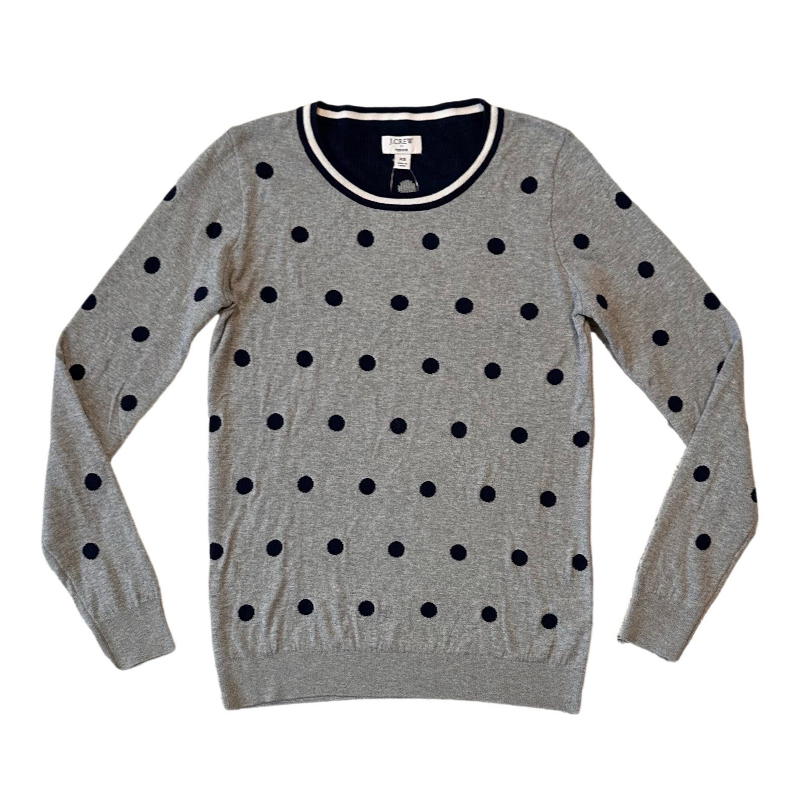 New NWT J.CREW Teddie Tight Knit Sweater Polka Dot Gray Navy Womens XS Cotton