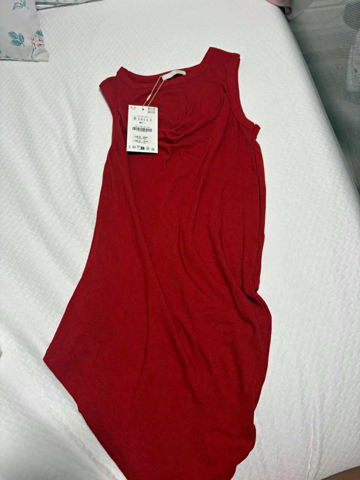 Zara Red Solid Sleeveless Tank Dress Round Neck Knit Midi Regular Size S