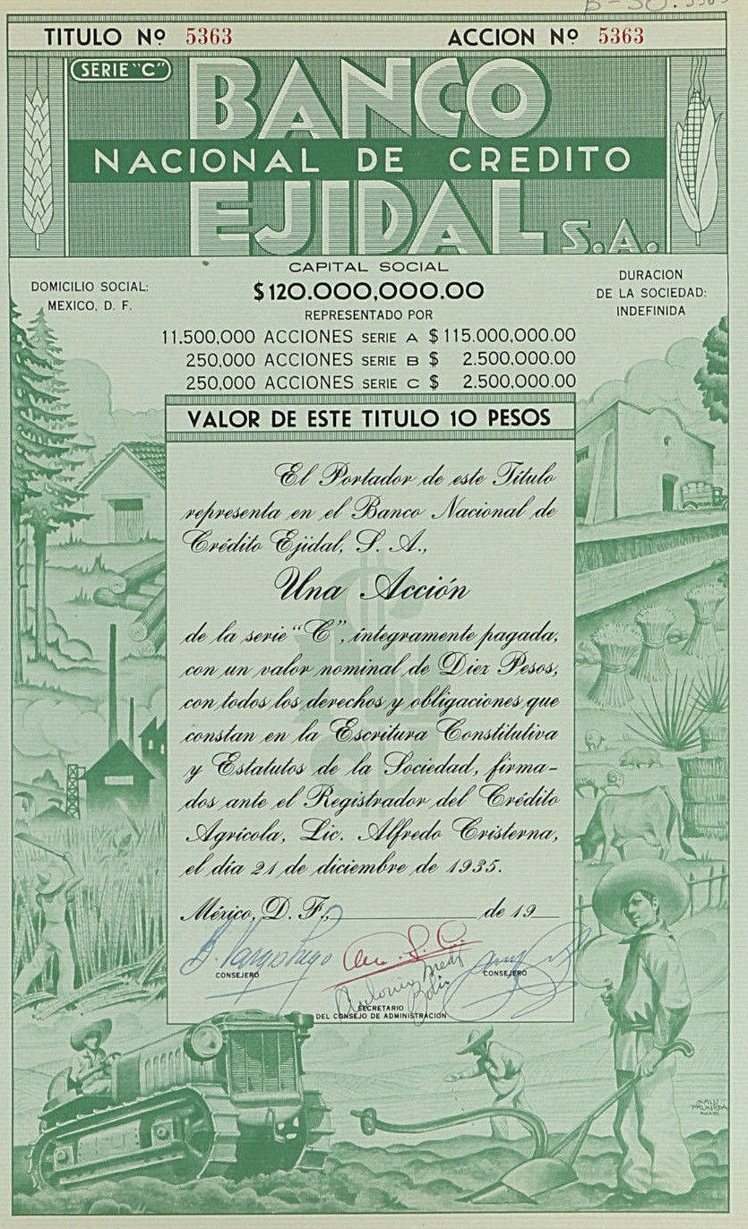 MEXICO B/30 BANCO NACIONAL DE CREDITO EJIDAL Titulo de $10 pesos de 1935    5363
