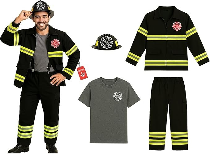 Men`s Fireman Costume & Hat Adult Black Firefighter Uniform M - XXL Halloween Men`s Fireman Costume & Hat Adult Black Firefighter Uniform M - XXL Halloween