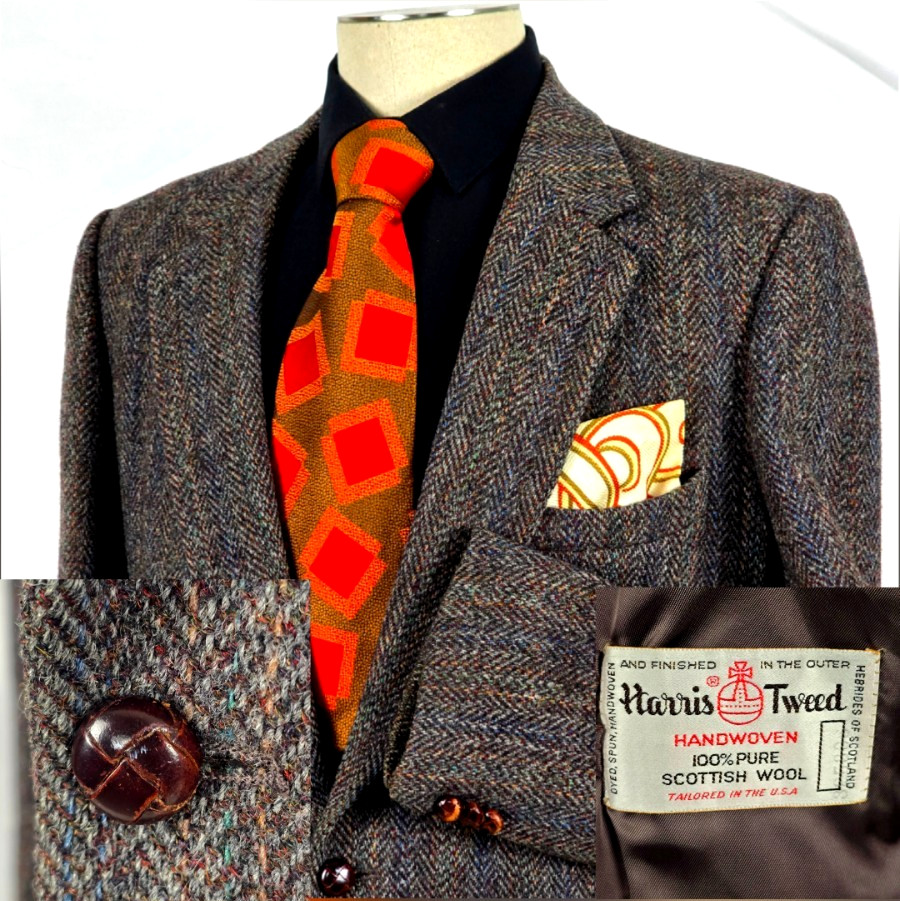 Vtg 50s 60s Harris Tweed Wool Sport Coat Blazer Herringbone Leather Button 44R Vtg 50s 60s Harris Tweed Wool Sport Coat Blazer Herringbone Leather Button 44R