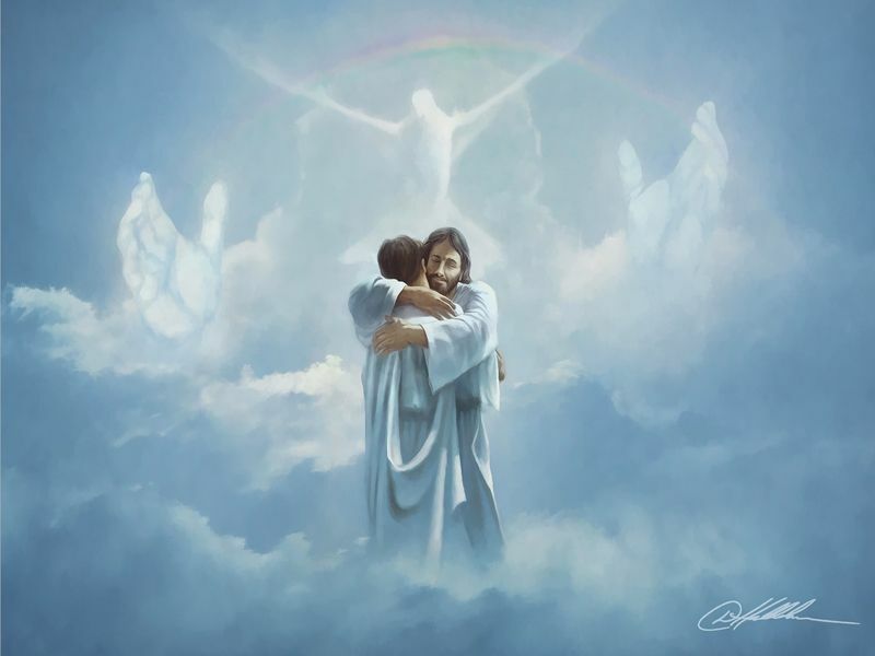 10 - Danny Hahlbohm REUNION 8x10 print Jesus embraces man in heaven Welcome Home