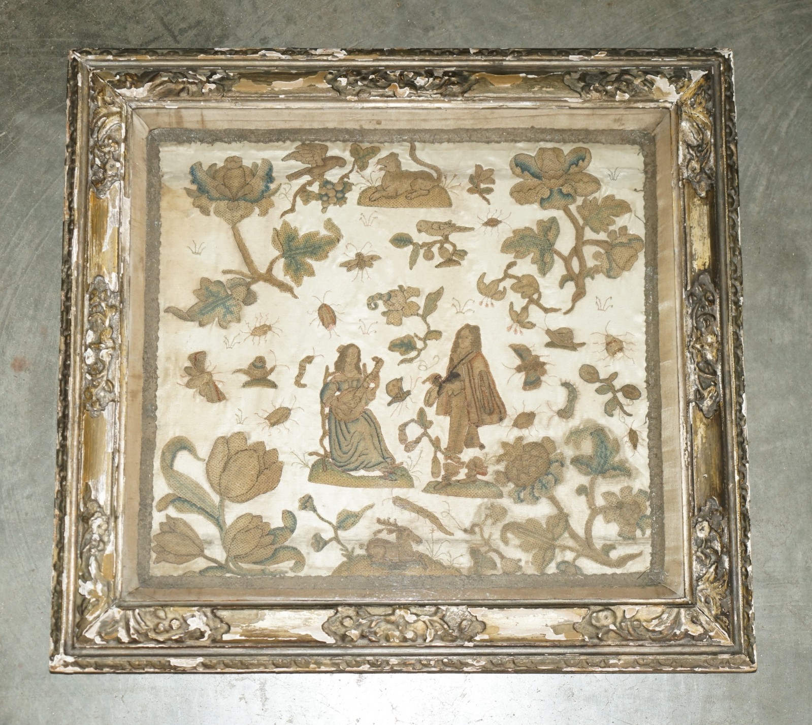 IMPORTANT 17TH CENTURY CHARLES II ENGLISH STUMPWORK NEEDLEWORK PICTURE C.1650